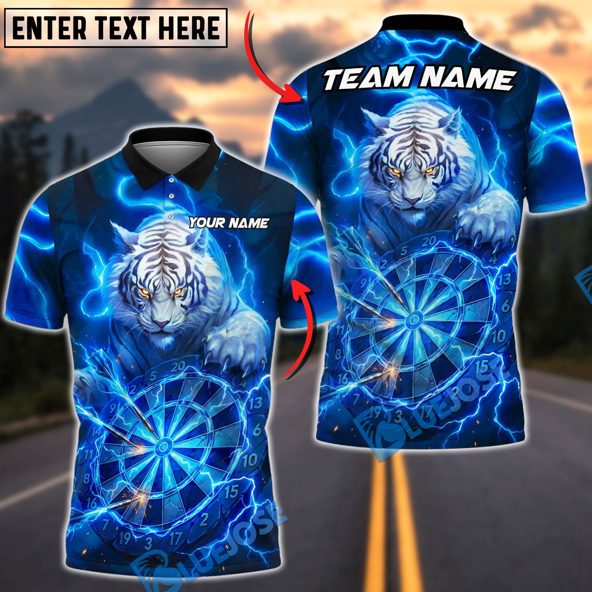 BlueJose Darts Angry Tiger Claw Electric Lightning Effects Personalized Name, Team Name Unisex Shirt (6 Colors)