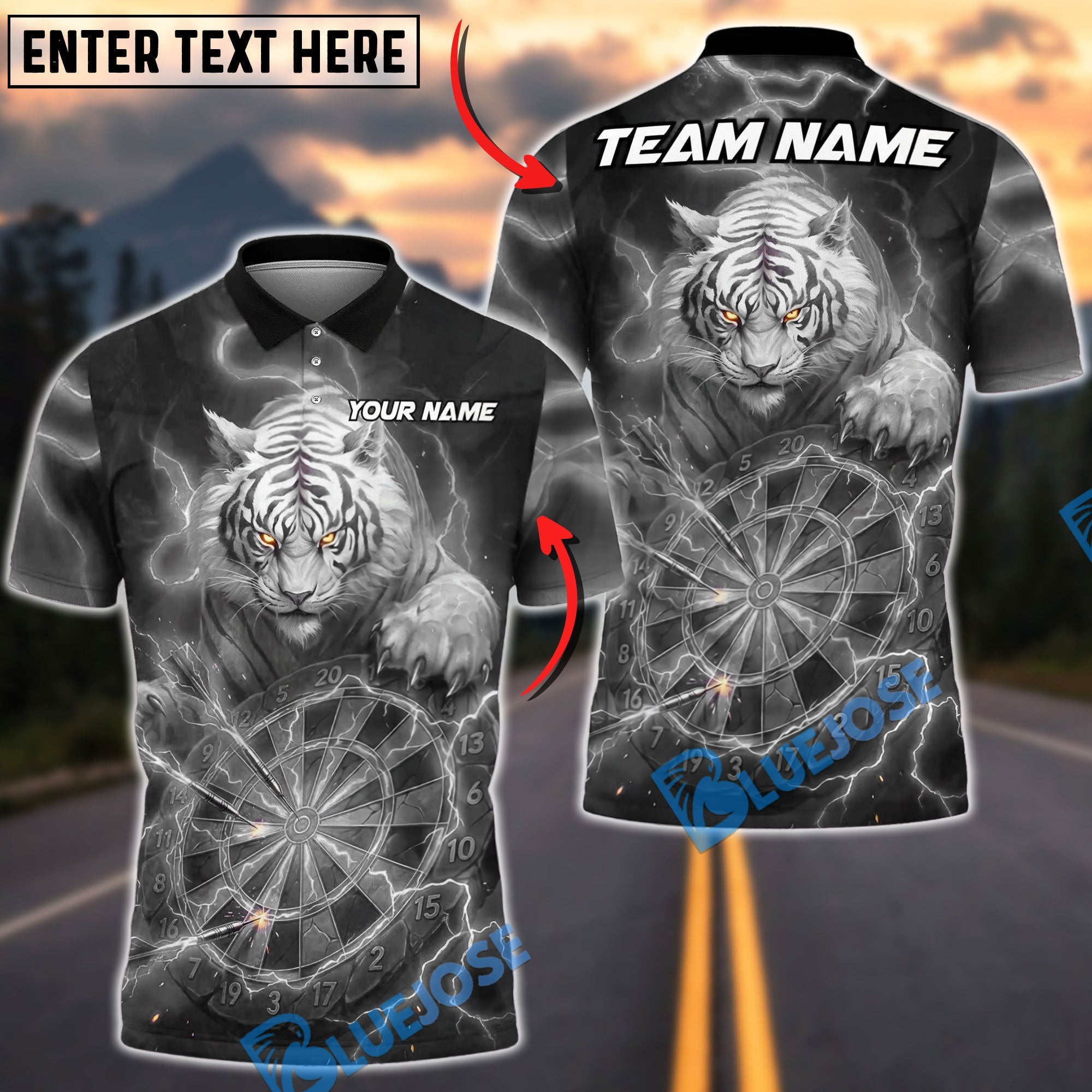 BlueJose Darts Angry Tiger Claw Electric Lightning Effects Personalized Name, Team Name Unisex Shirt (6 Colors)