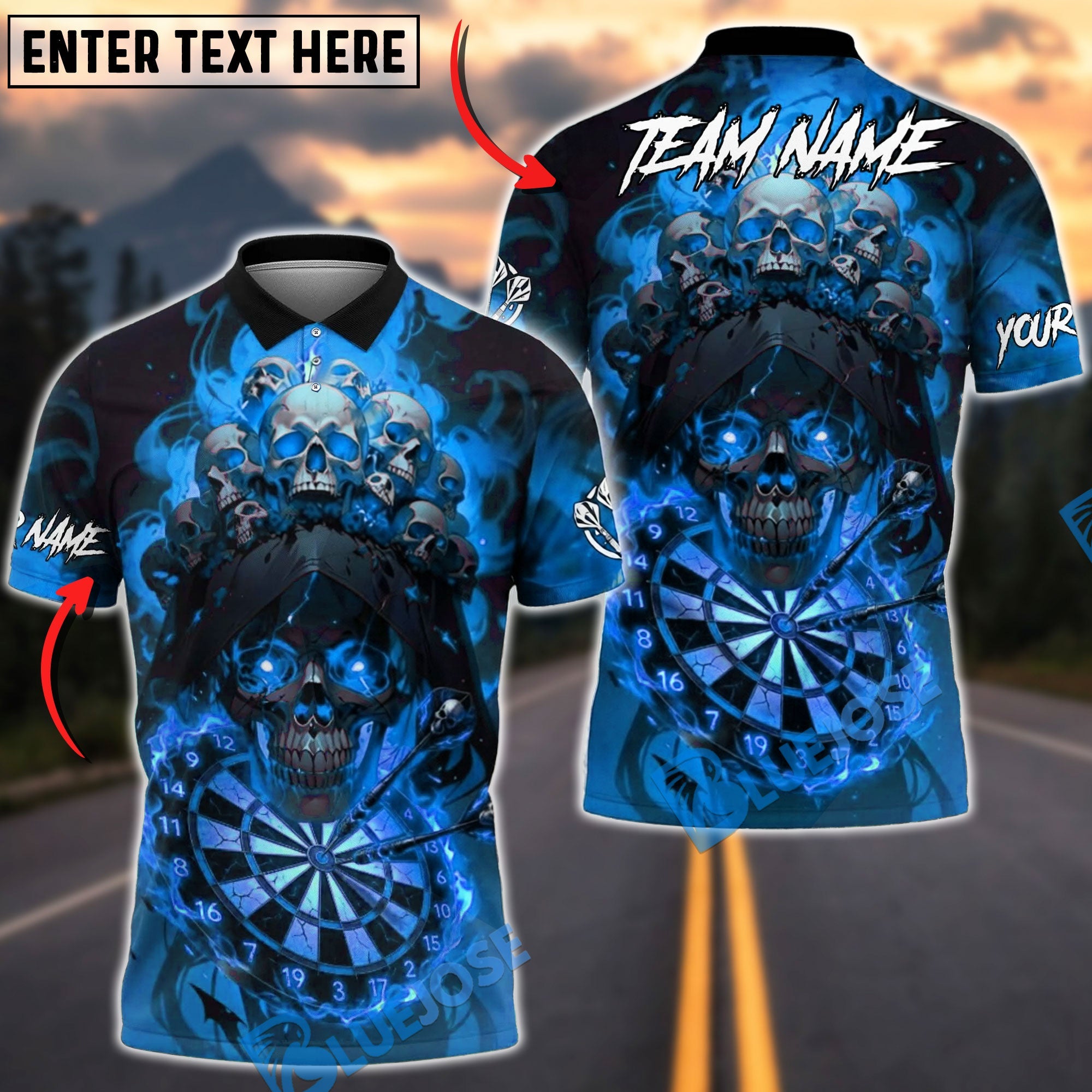 BlueJose Darts Burning Skull Gothic Fire Elements Personalized Name, Team Name Unisex Shirt (4 Colors)