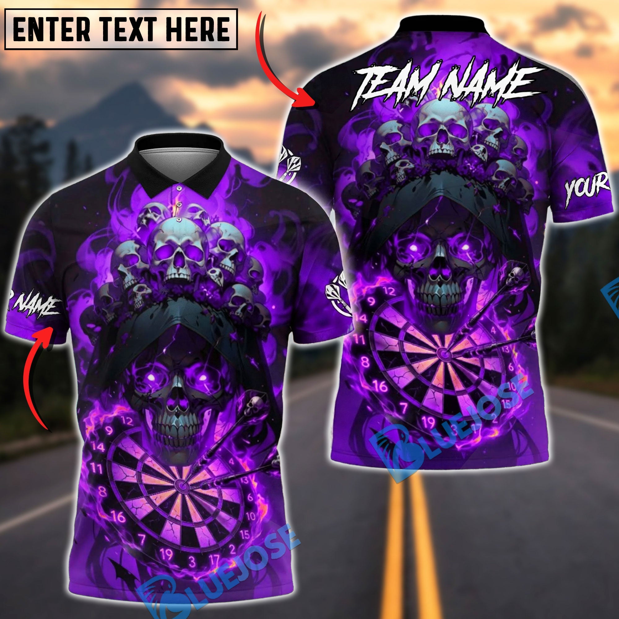 BlueJose Darts Burning Skull Gothic Fire Elements Personalized Name, Team Name Unisex Shirt (4 Colors)