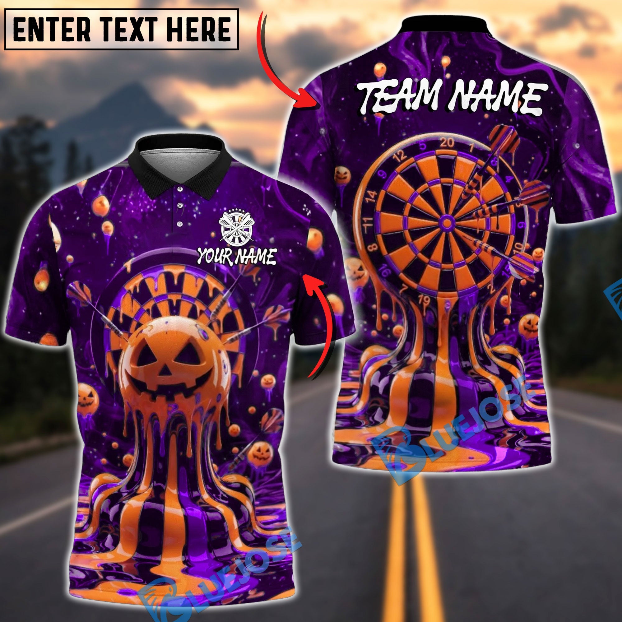 BlueJose Darts Dartboard Spooky Pumpkin Gothic Halloween Costume Party Theme Personalized Name, Team Name Unisex Shirt (4 Colors)