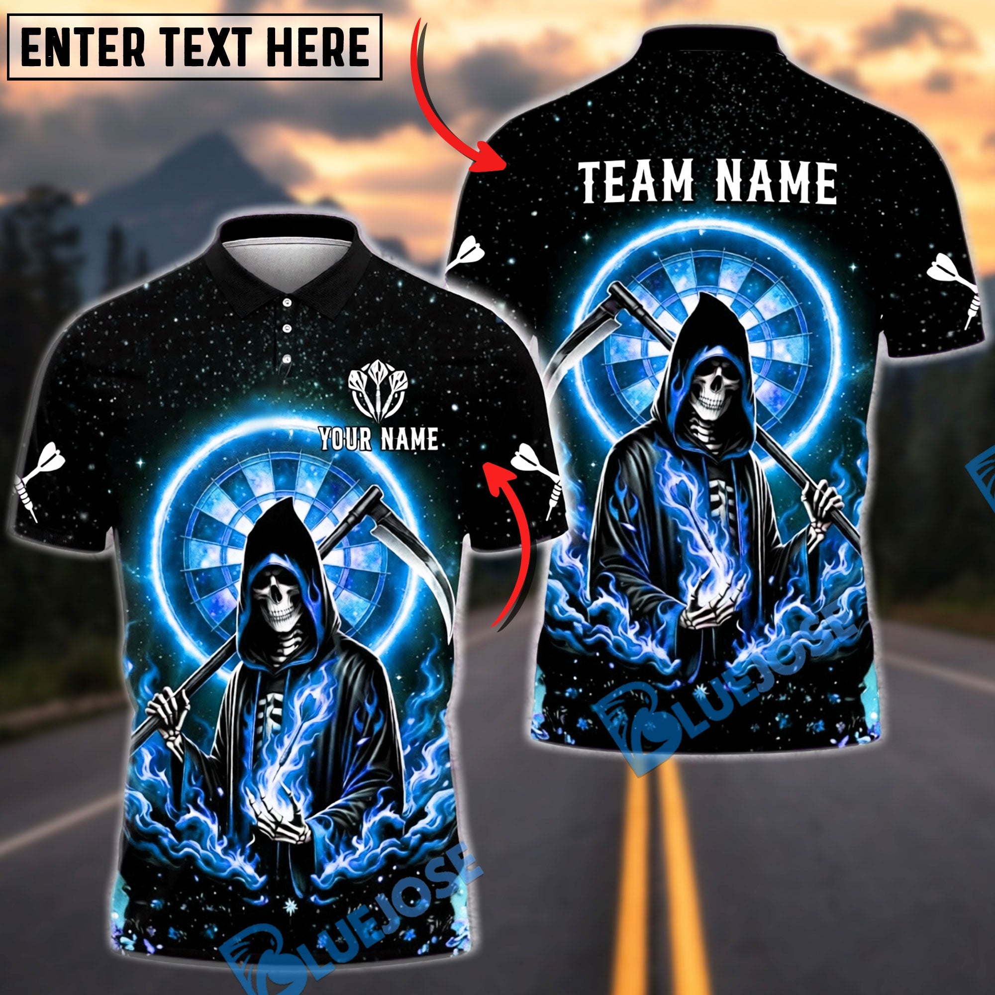 BlueJose Darts Skull Reaper Cosmic Fire Personalized Name, Team Name Unisex Shirt (4 Colors)