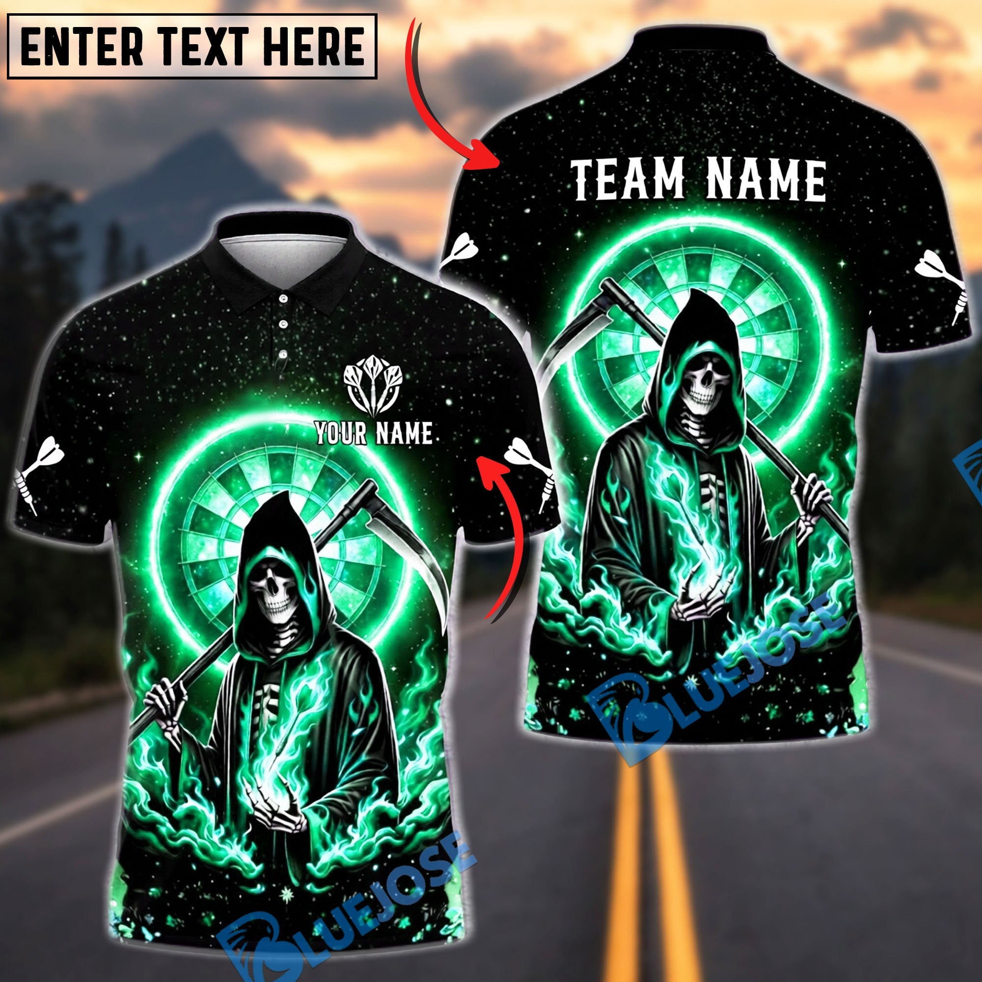 BlueJose Darts Skull Reaper Cosmic Fire Personalized Name, Team Name Unisex Shirt (4 Colors)