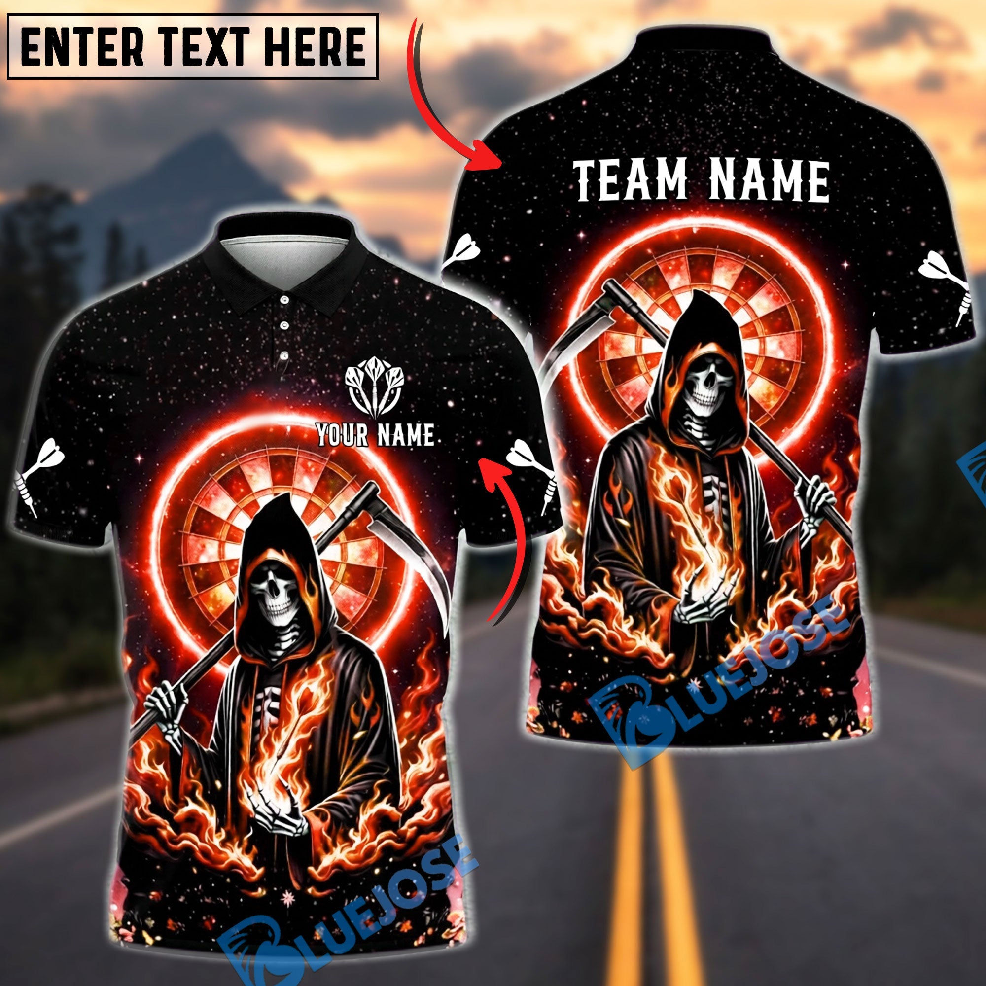 BlueJose Darts Skull Reaper Cosmic Fire Personalized Name, Team Name Unisex Shirt (4 Colors)