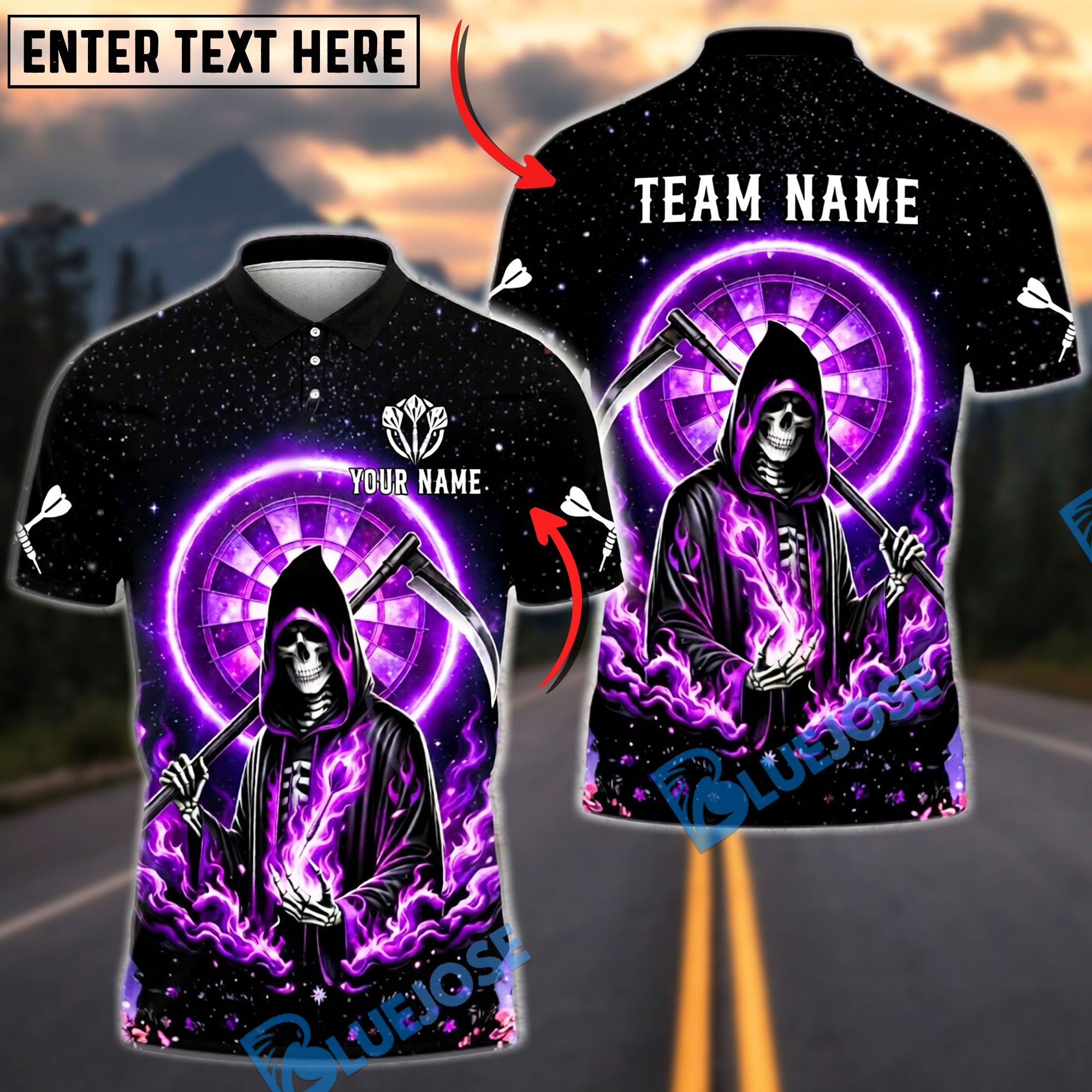 BlueJose Darts Skull Reaper Cosmic Fire Personalized Name, Team Name Unisex Shirt (4 Colors)