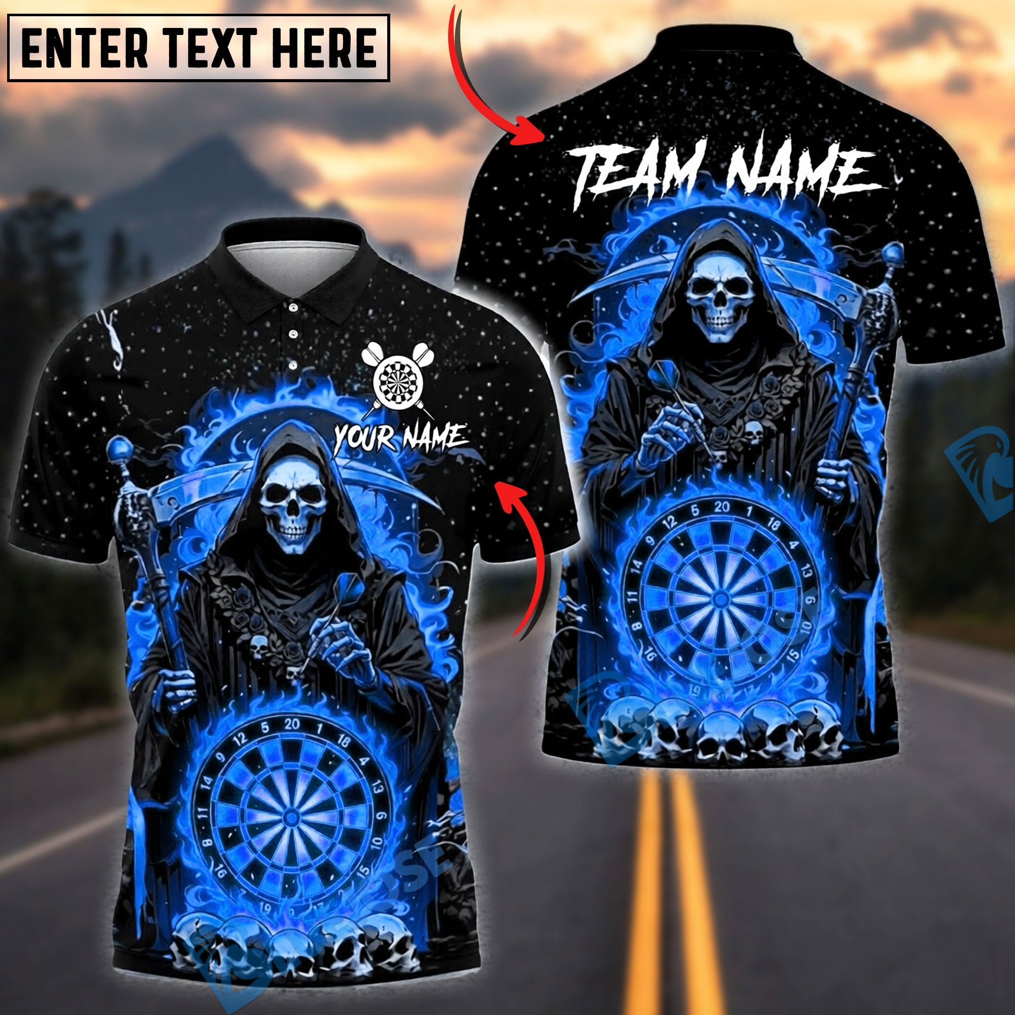 BlueJose Darts Grim Reaper Flaming Dartboard Personalized Name, Team Name Unisex Shirt (4 Colors)