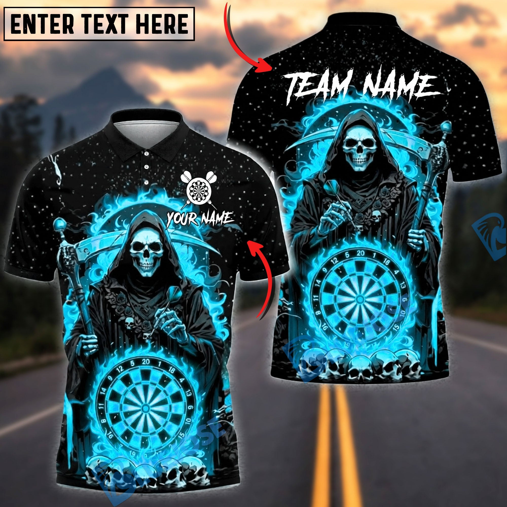 BlueJose Darts Grim Reaper Flaming Dartboard Personalized Name, Team Name Unisex Shirt (4 Colors)