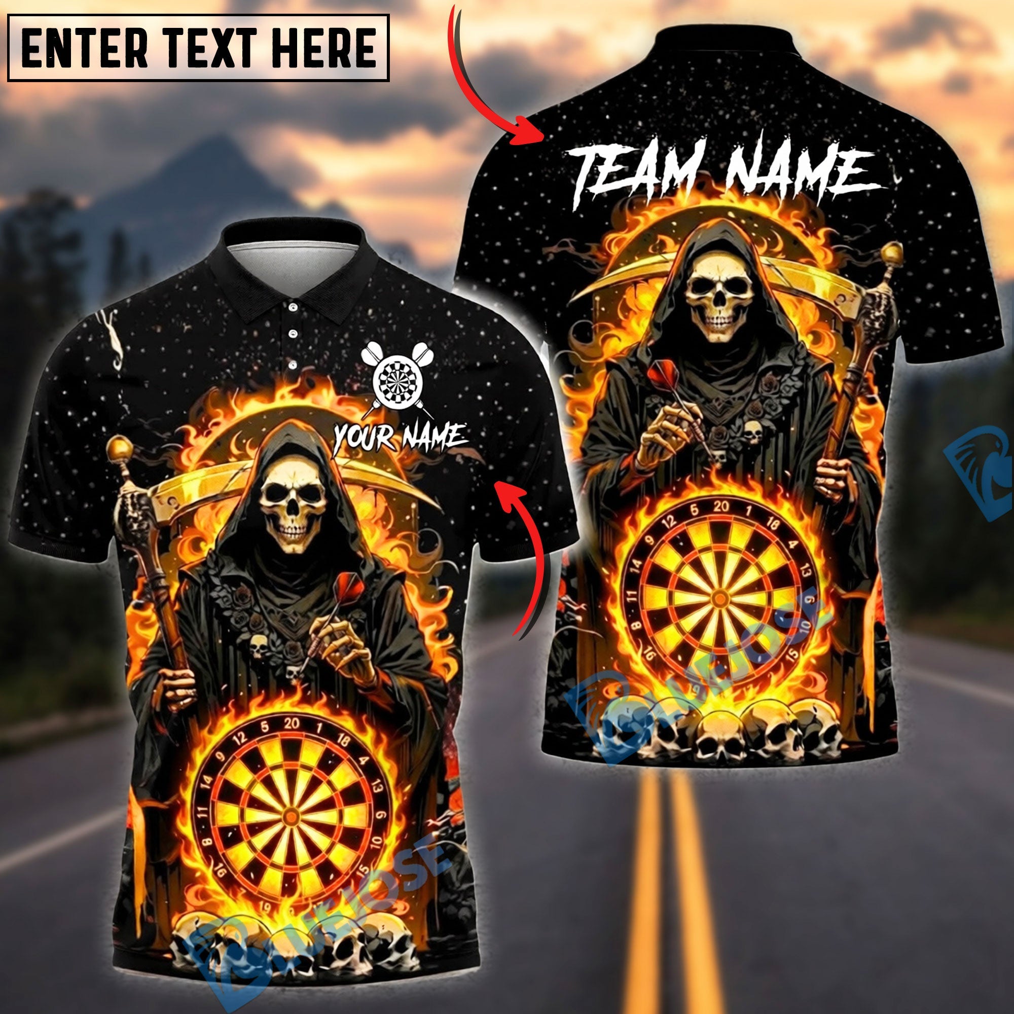 BlueJose Darts Grim Reaper Flaming Dartboard Personalized Name, Team Name Unisex Shirt (4 Colors)