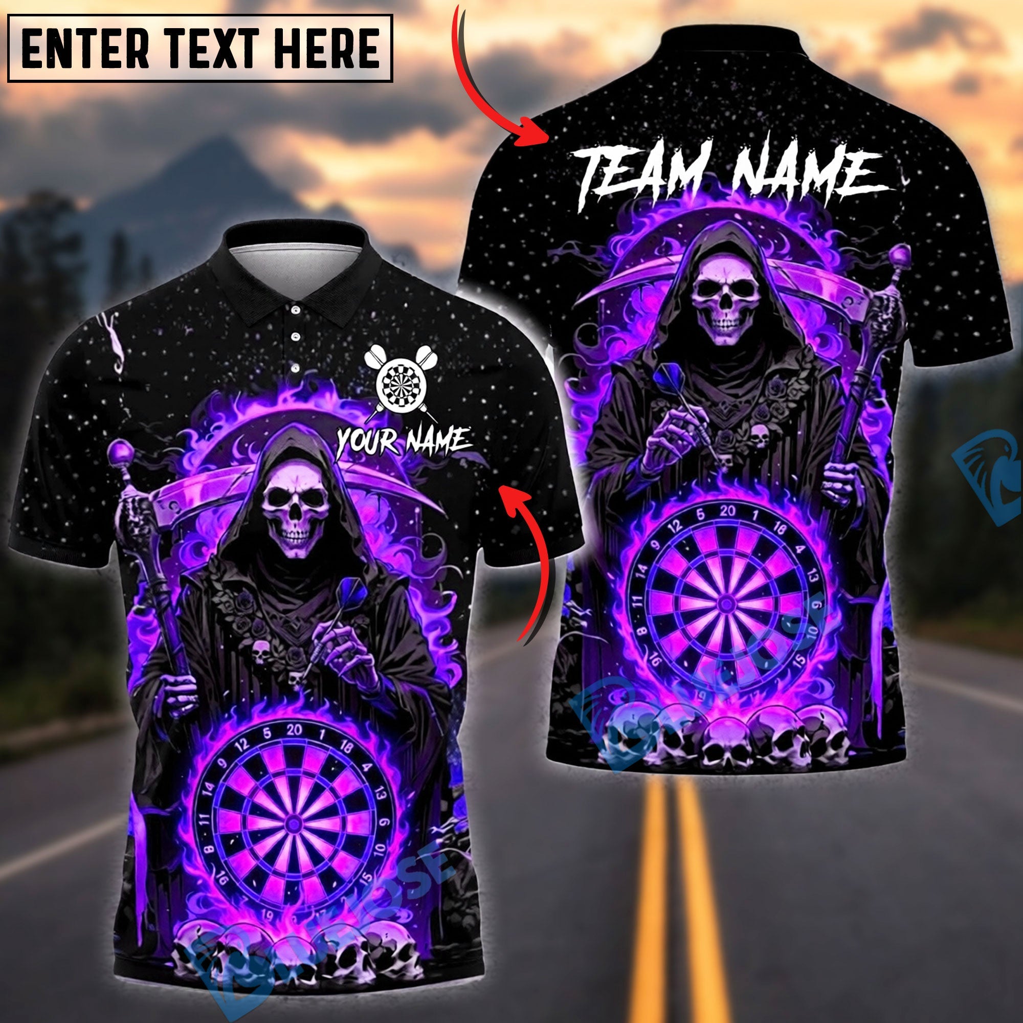 BlueJose Darts Grim Reaper Flaming Dartboard Personalized Name, Team Name Unisex Shirt (4 Colors)