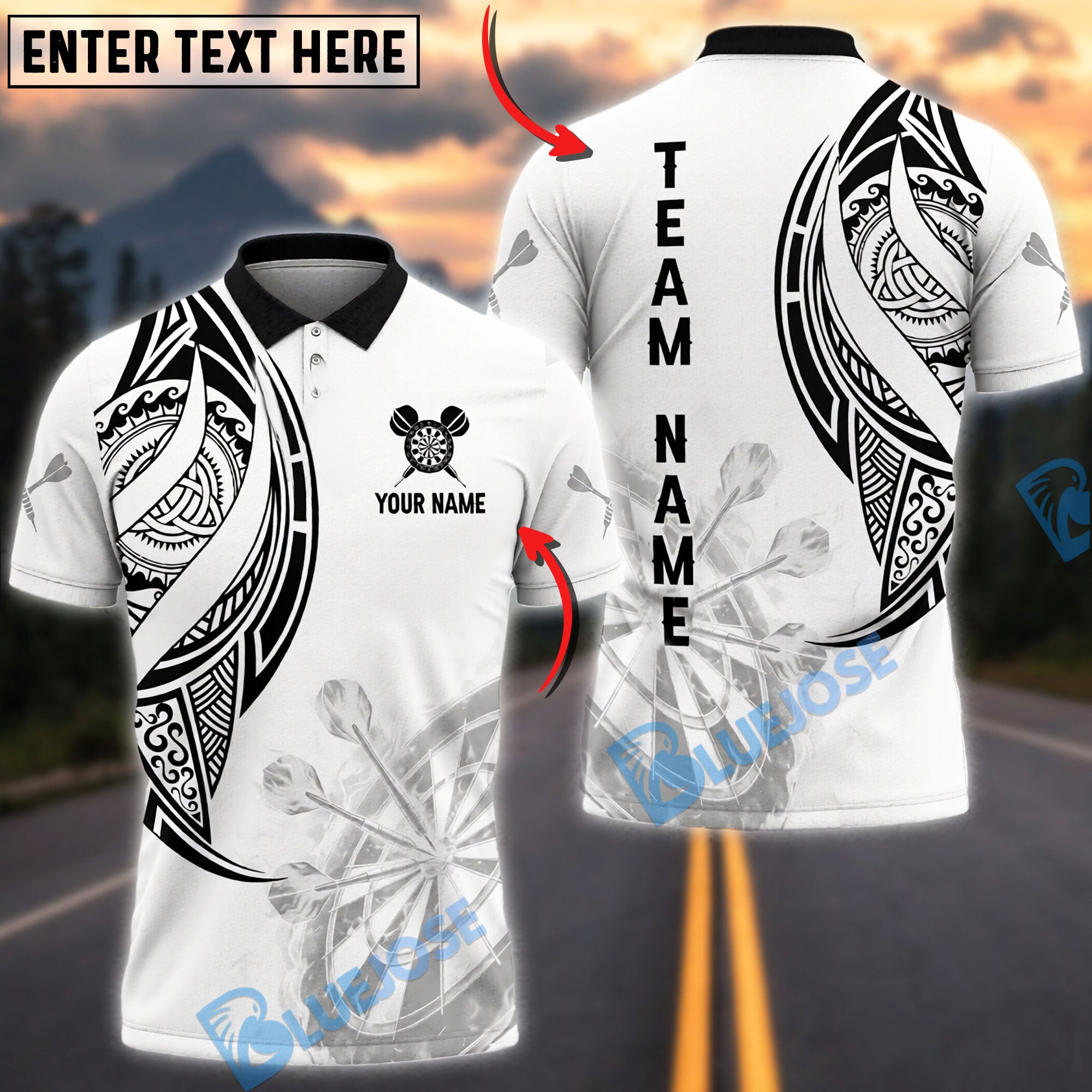BlueJose Darts Tribal Maori Pattern Personalized Name, Team Name Unisex Shirt (4 Colors)