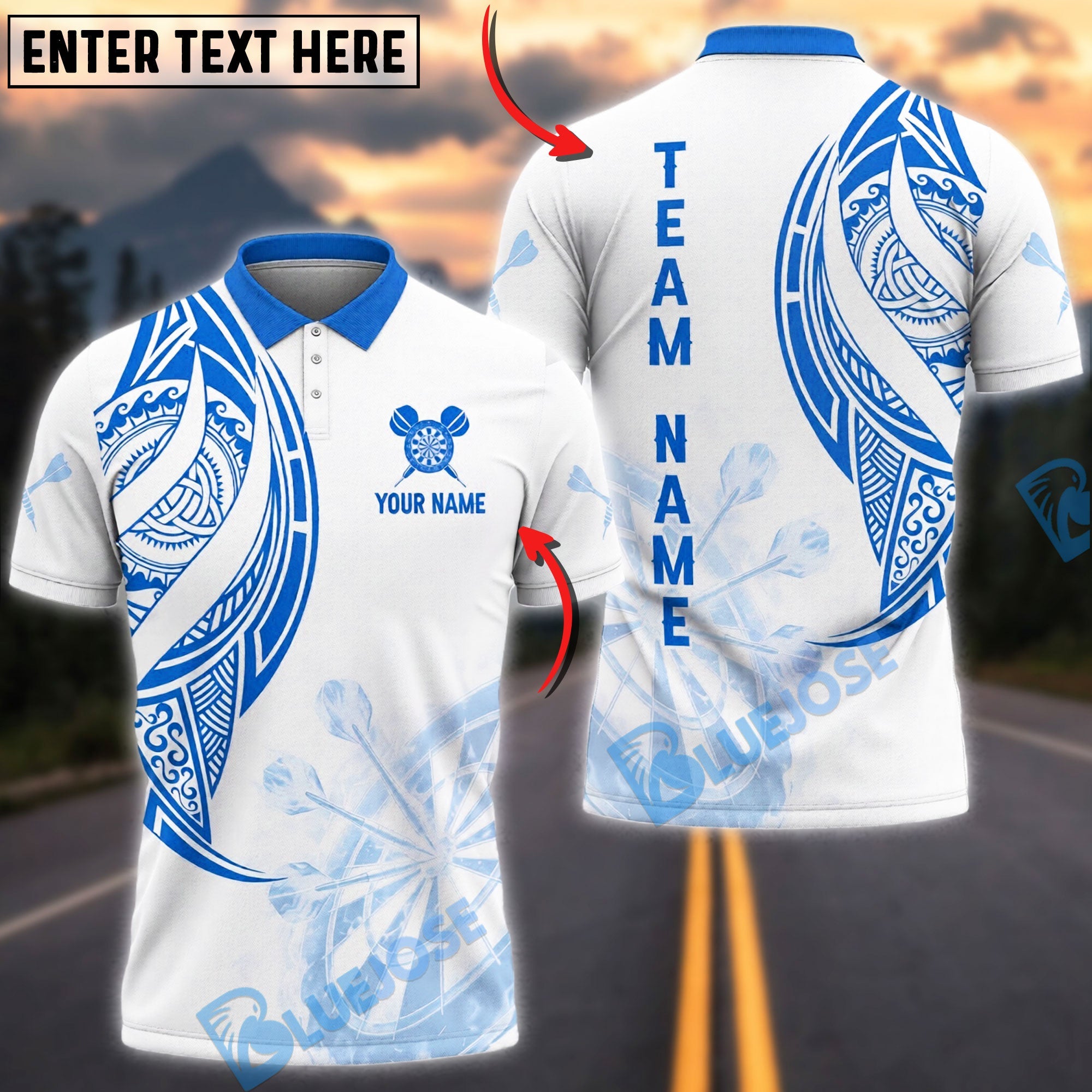 BlueJose Darts Tribal Maori Pattern Personalized Name, Team Name Unisex Shirt (4 Colors)