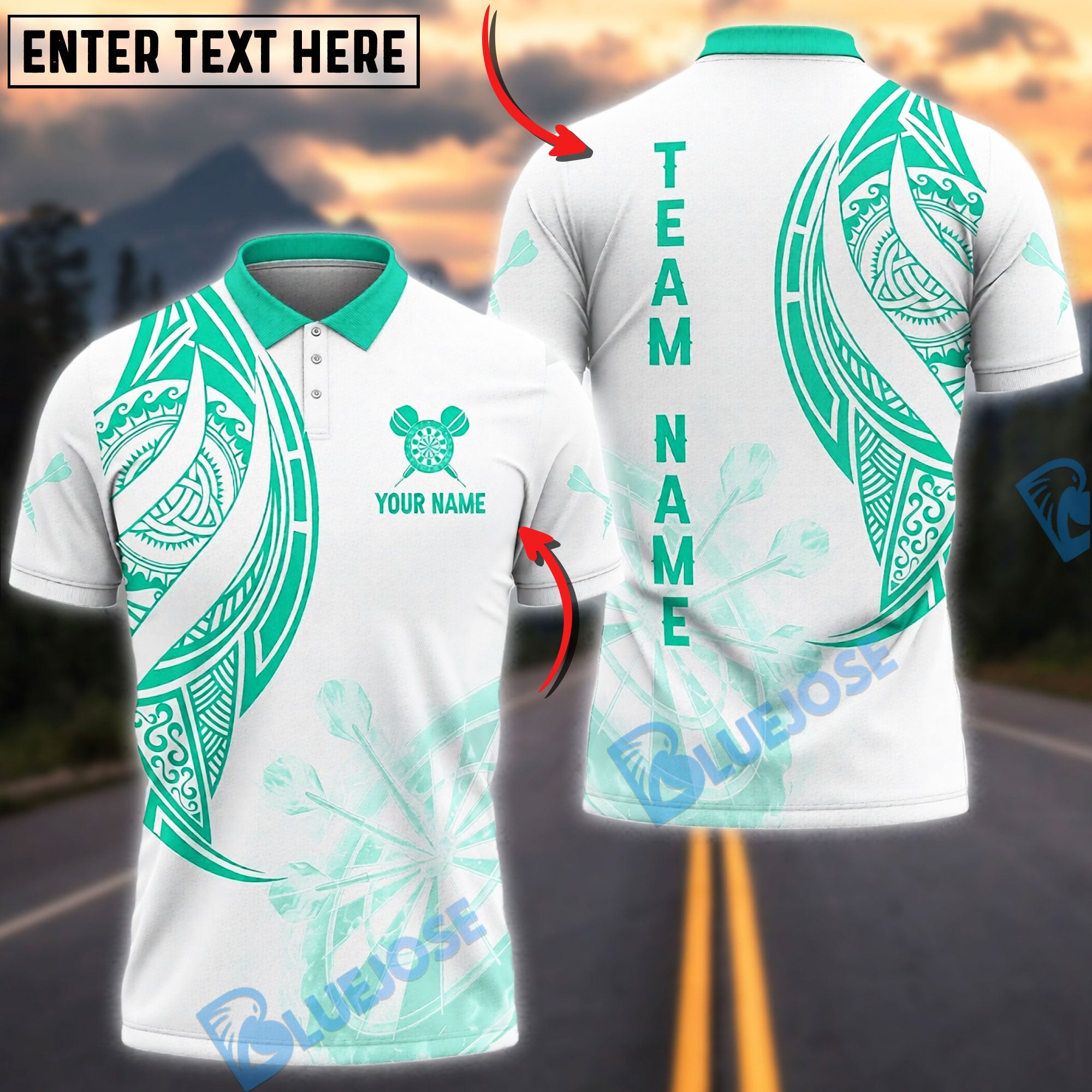 BlueJose Darts Tribal Maori Pattern Personalized Name, Team Name Unisex Shirt (4 Colors)