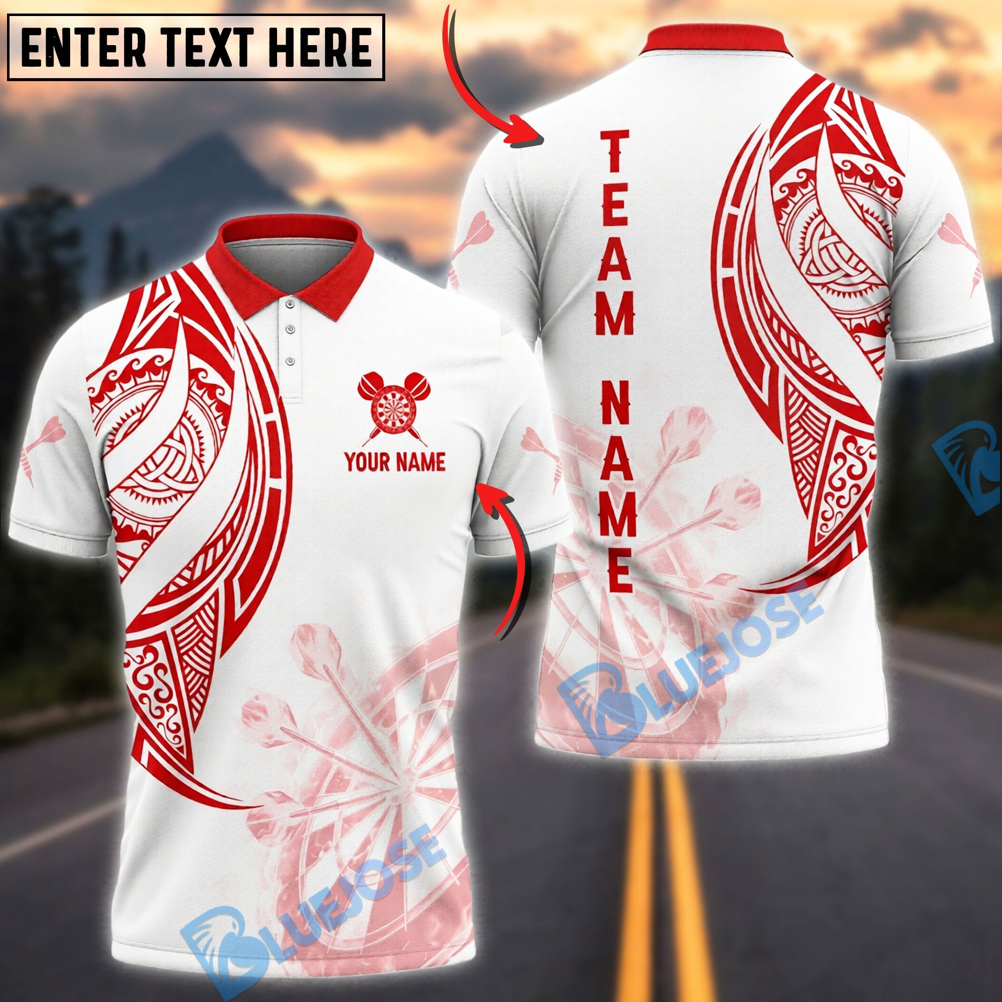 BlueJose Darts Tribal Maori Pattern Personalized Name, Team Name Unisex Shirt (4 Colors)