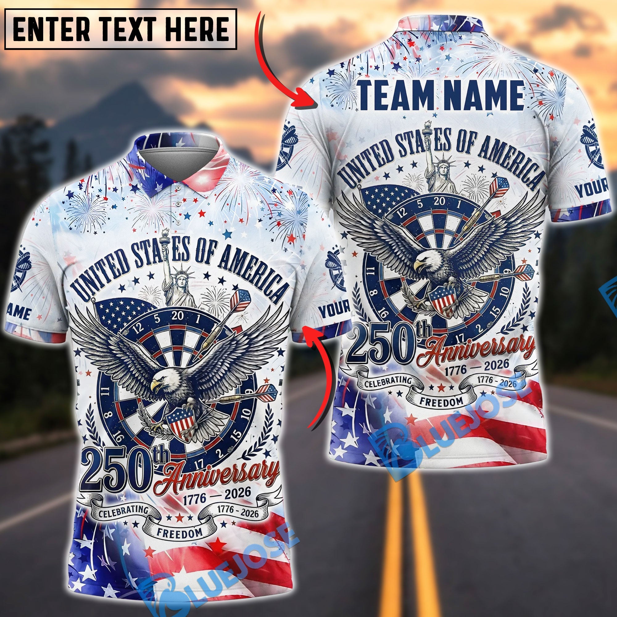 BlueJose Darts Patriotic USA 250th Anniversary Bald Eagle Dartboard Fireworks Design Personalized Name Shirt