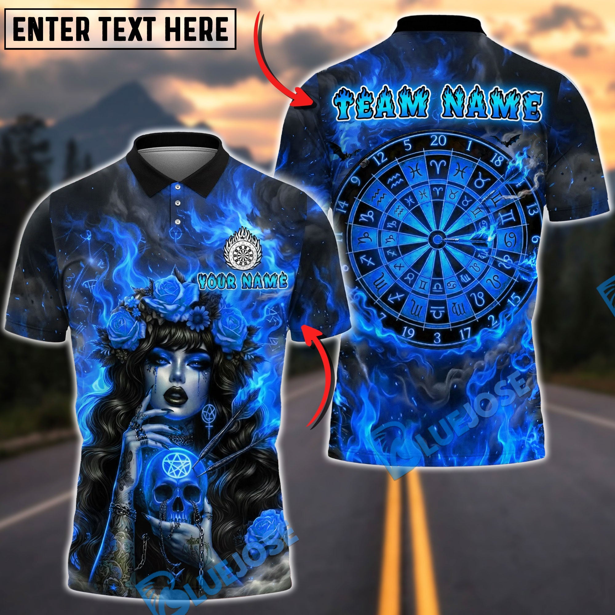 BlueJose Darts Gothic Witch Skull Fiery Zodiac Dartboard Design Personalized Name, Team Name Unisex Shirt (4 Colors)