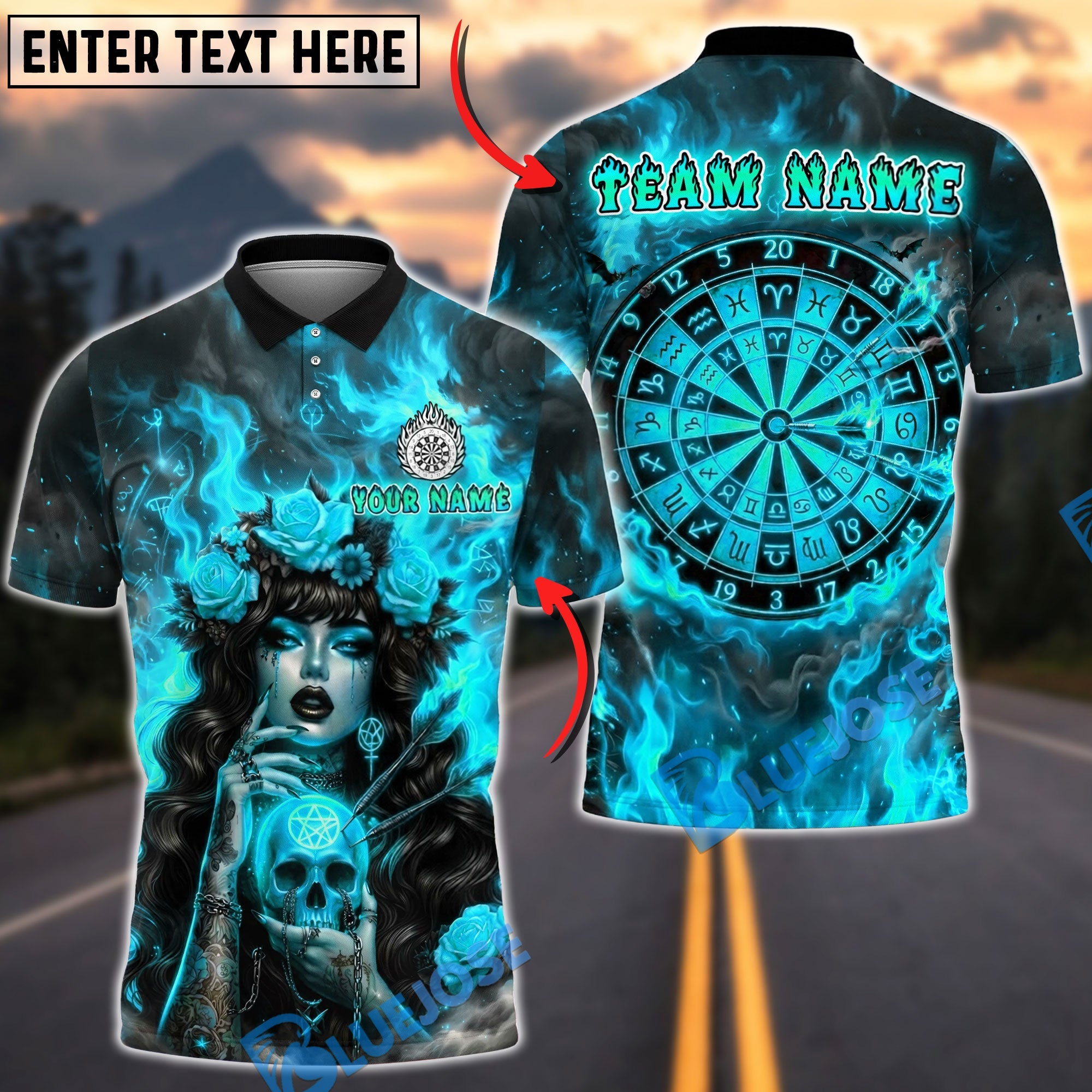 BlueJose Darts Gothic Witch Skull Fiery Zodiac Dartboard Design Personalized Name, Team Name Unisex Shirt (4 Colors)