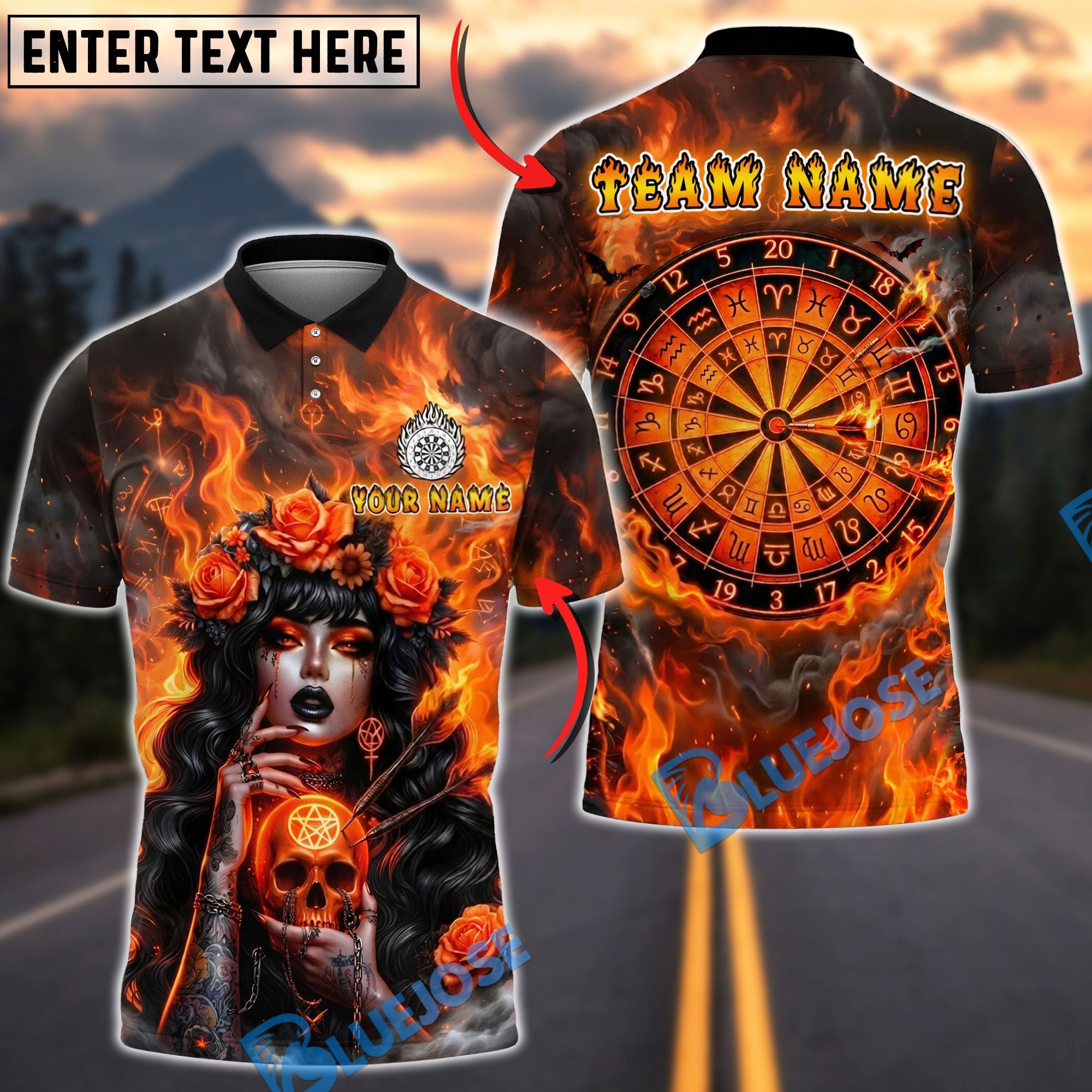 BlueJose Darts Gothic Witch Skull Fiery Zodiac Dartboard Design Personalized Name, Team Name Unisex Shirt (4 Colors)