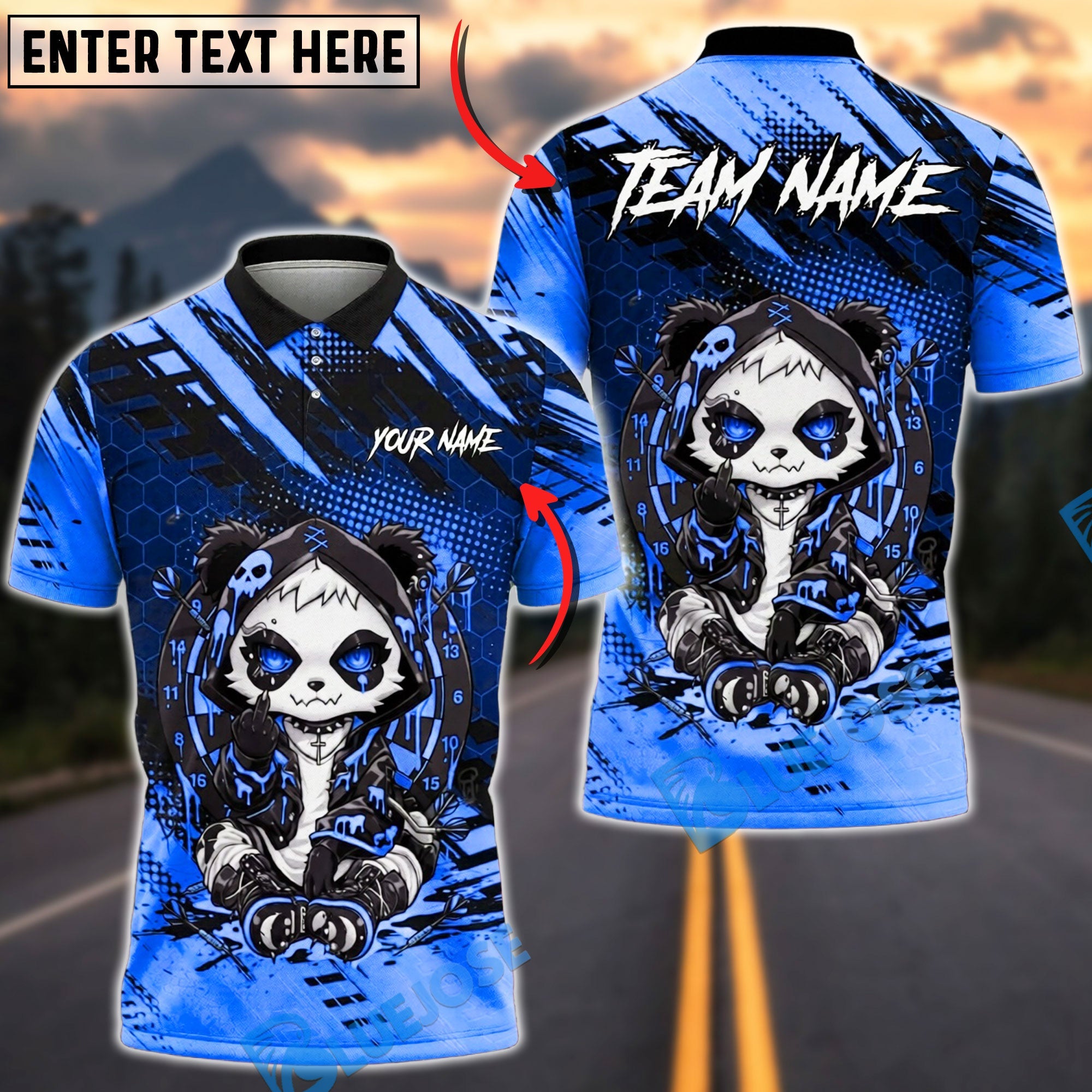 BlueJose Darts Edgy Neon Panda Dart Player Grunge Street Art Dartboard Personalized Name, Team Name Unisex Shirt (4 Colors)