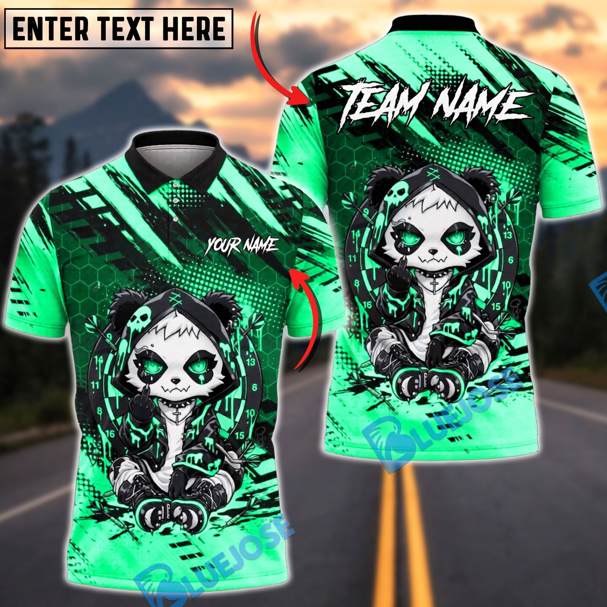 BlueJose Darts Edgy Neon Panda Dart Player Grunge Street Art Dartboard Personalized Name, Team Name Unisex Shirt (4 Colors)
