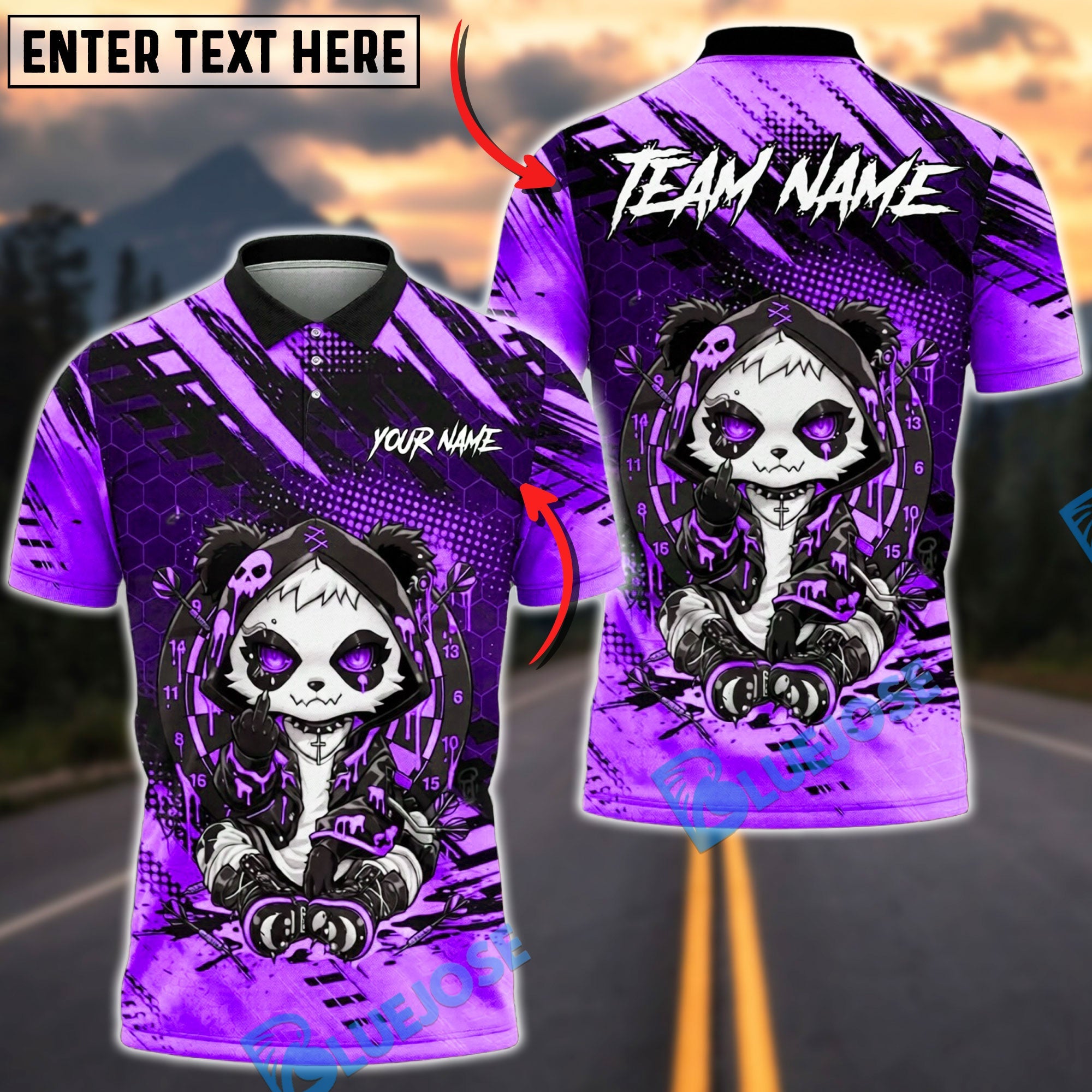 BlueJose Darts Edgy Neon Panda Dart Player Grunge Street Art Dartboard Personalized Name, Team Name Unisex Shirt (4 Colors)