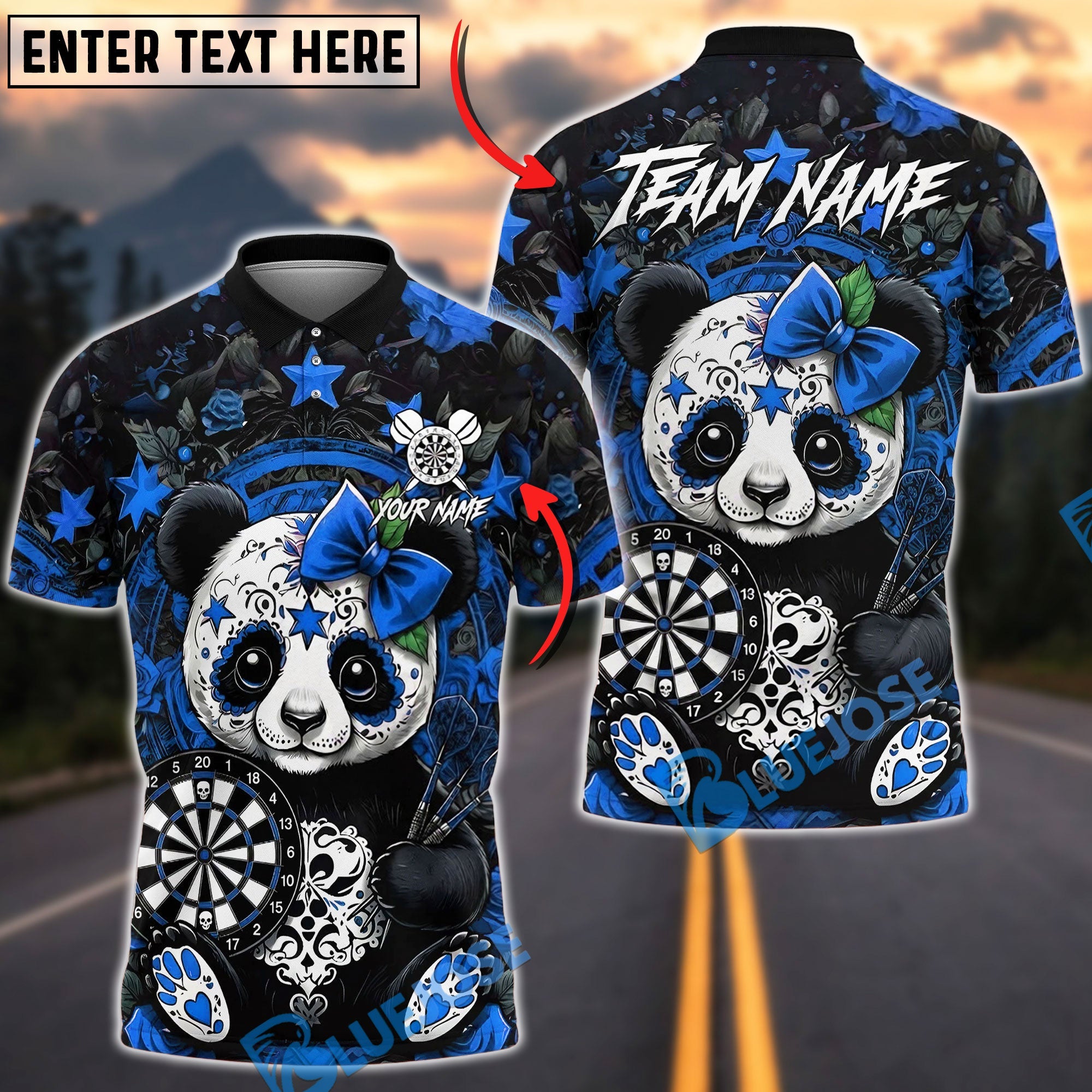 BlueJose Darts Sugar Skull Panda Red Roses & Stars Dartboard Pattern Personalized Name, Team Name Unisex Shirt (4 Colors)
