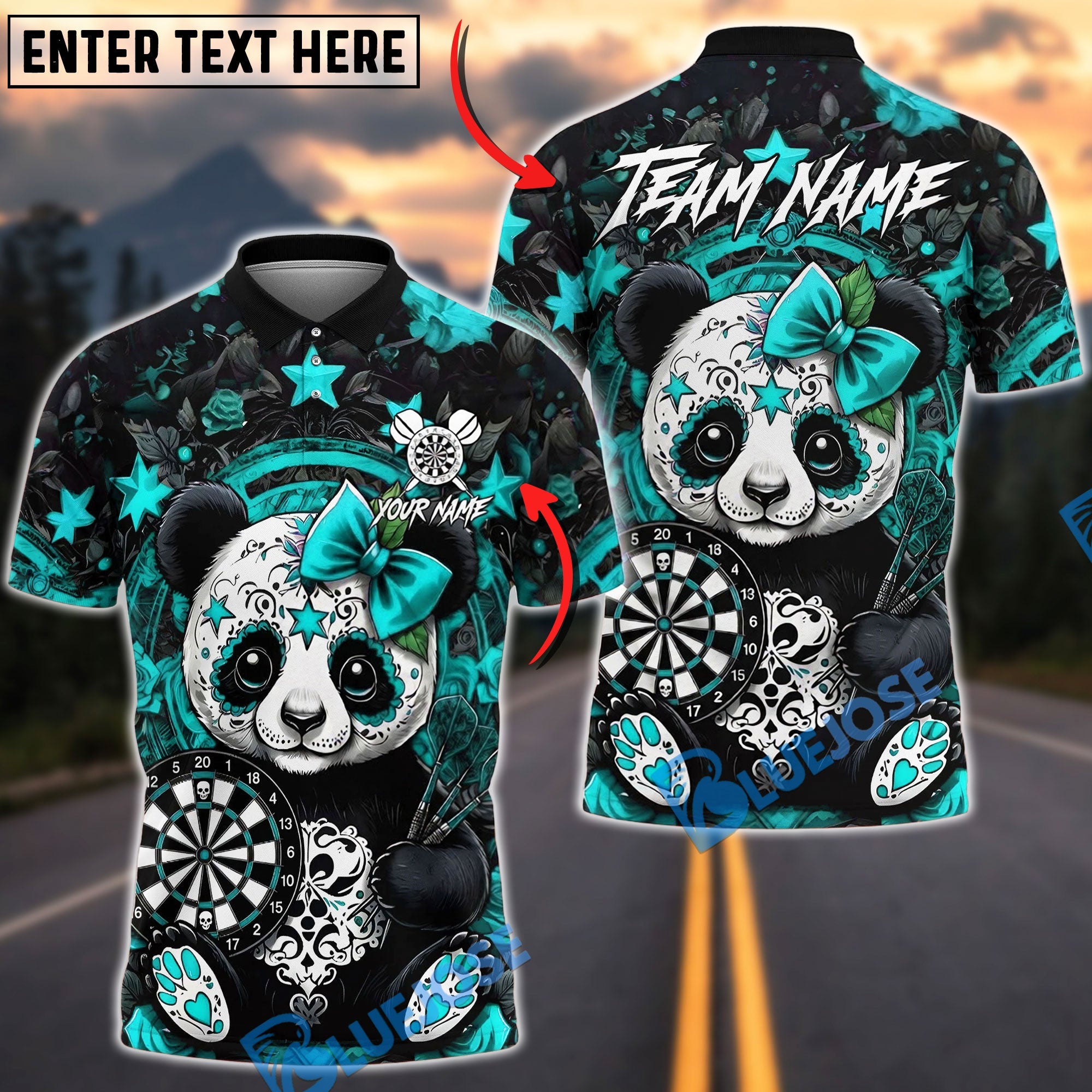 BlueJose Darts Sugar Skull Panda Red Roses & Stars Dartboard Pattern Personalized Name, Team Name Unisex Shirt (4 Colors)