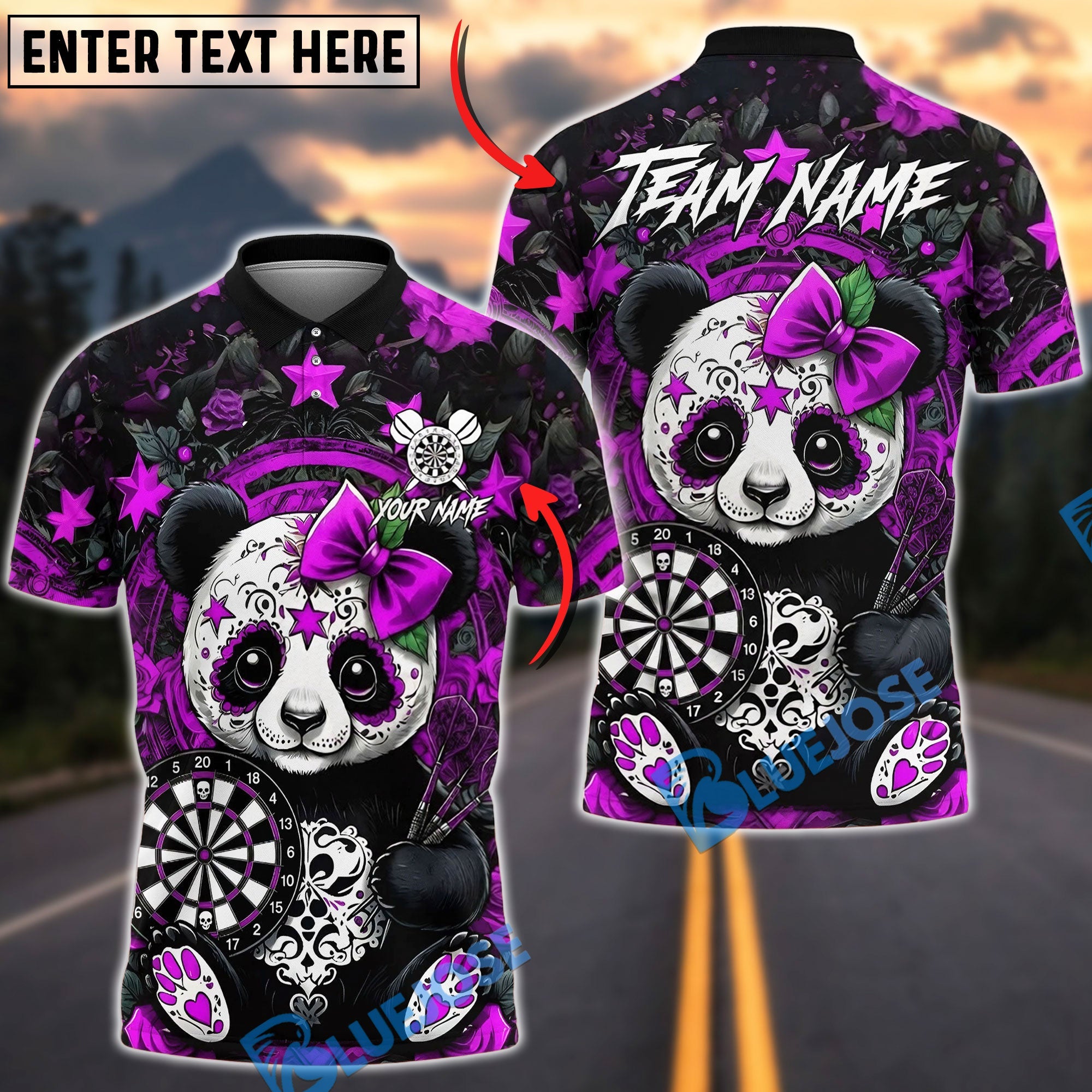 BlueJose Darts Sugar Skull Panda Red Roses & Stars Dartboard Pattern Personalized Name, Team Name Unisex Shirt (4 Colors)