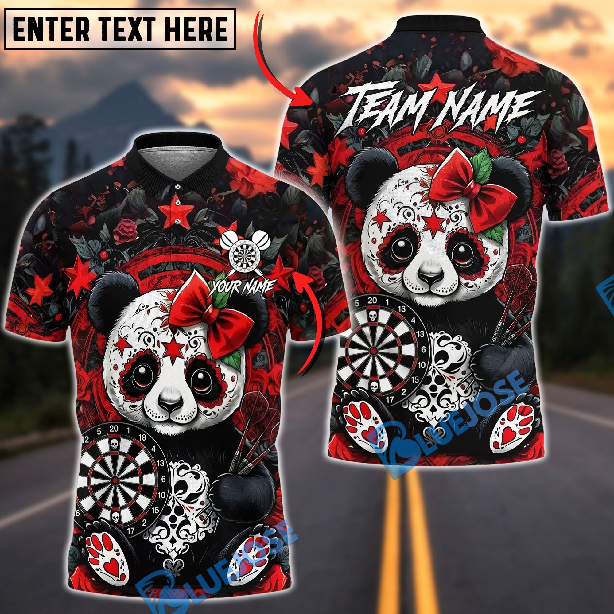 BlueJose Darts Sugar Skull Panda Red Roses & Stars Dartboard Pattern Personalized Name, Team Name Unisex Shirt (4 Colors)