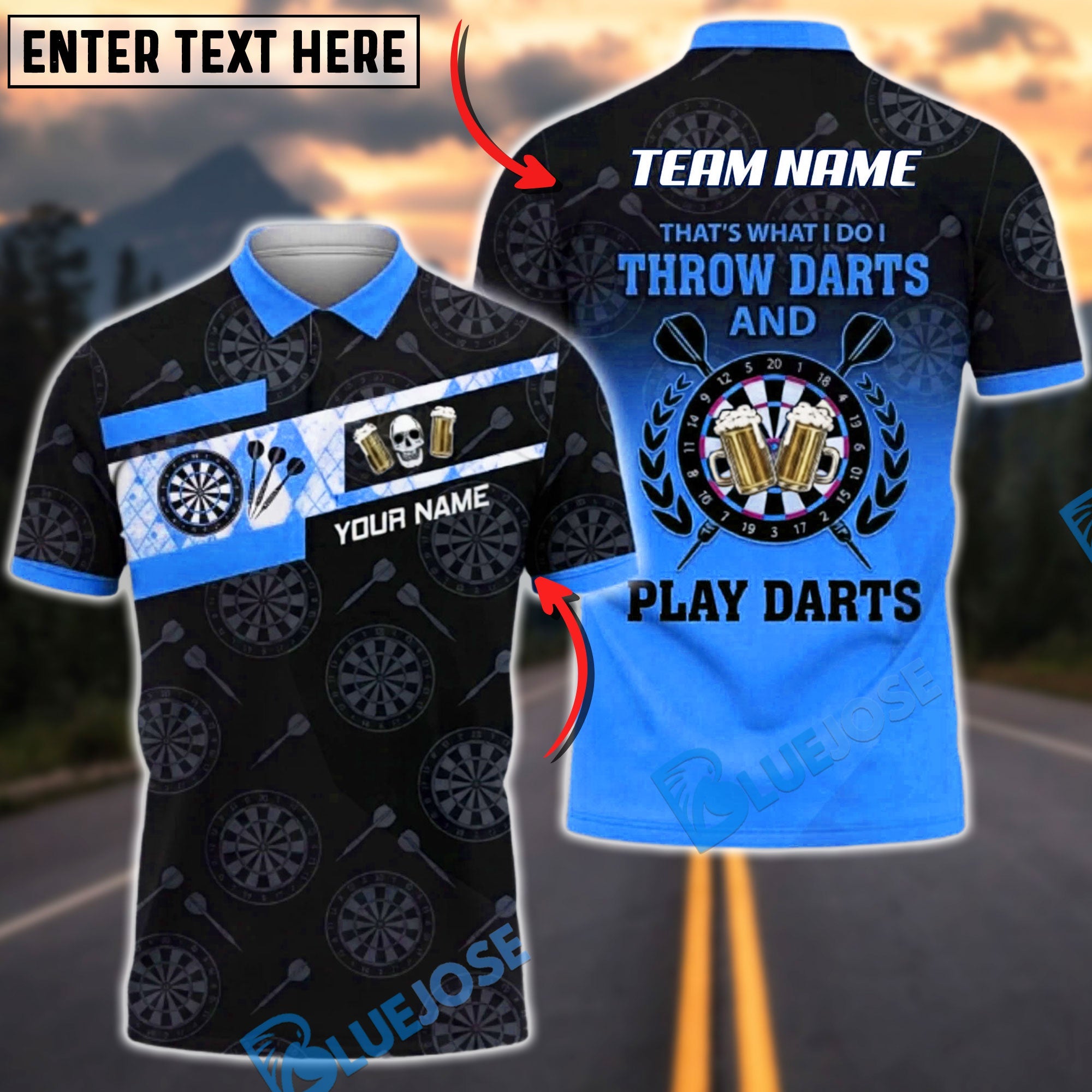BlueJose Darts Beer Skull Black Gold Dartboard Pattern Throw Play Darts Slogan Personalized Name, Team Name Unisex Shirt (6 Colors)