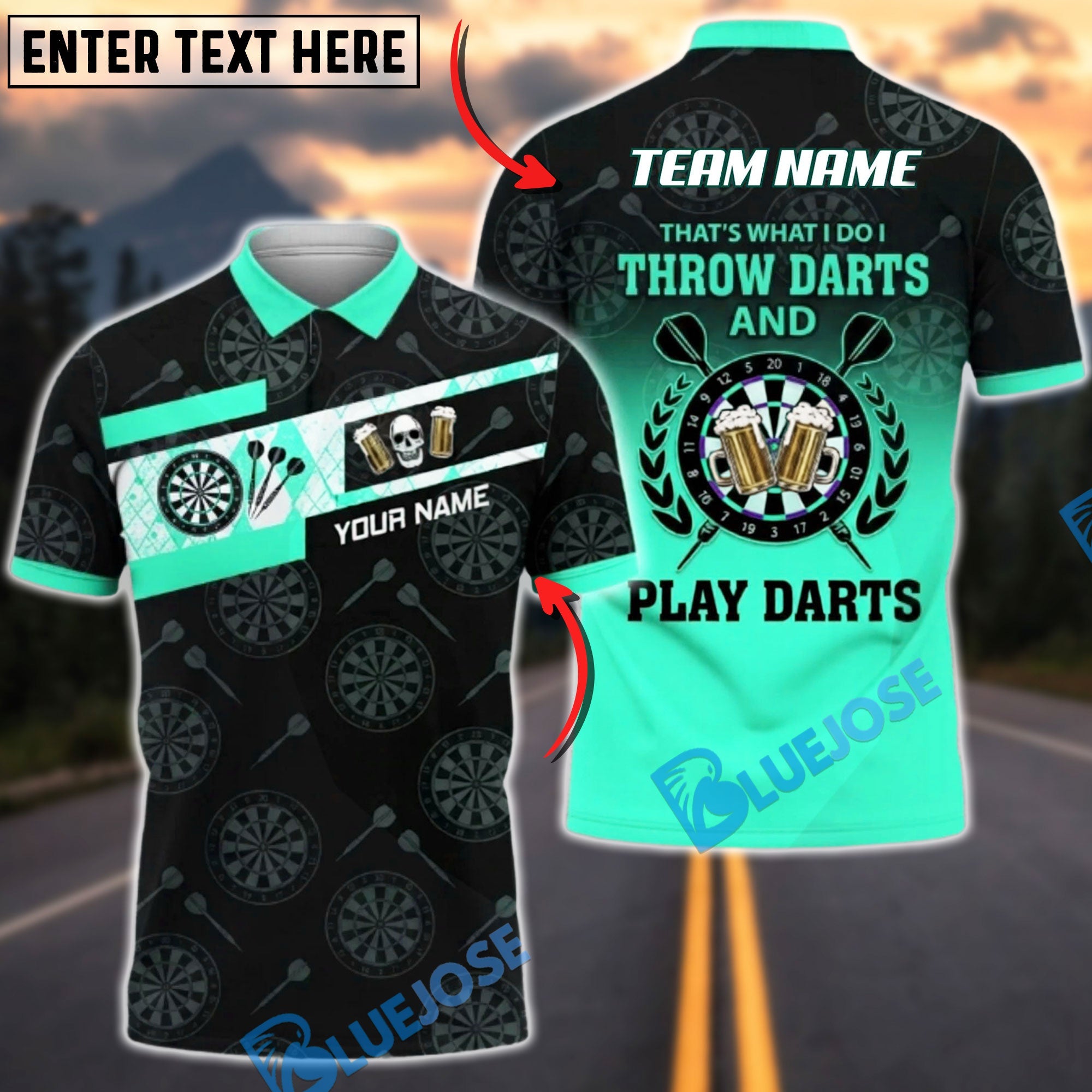 BlueJose Darts Beer Skull Black Gold Dartboard Pattern Throw Play Darts Slogan Personalized Name, Team Name Unisex Shirt (6 Colors)