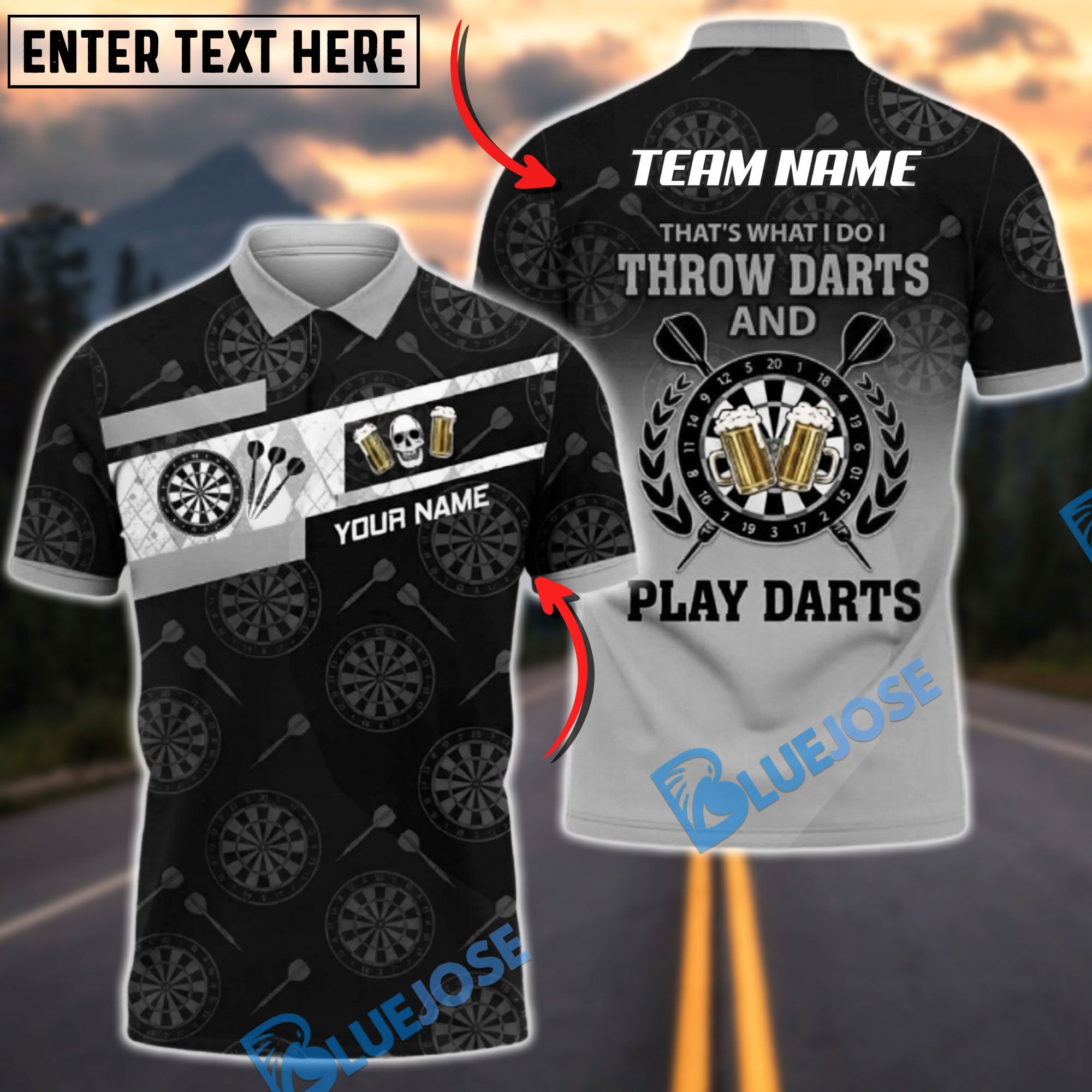 BlueJose Darts Beer Skull Black Gold Dartboard Pattern Throw Play Darts Slogan Personalized Name, Team Name Unisex Shirt (6 Colors)