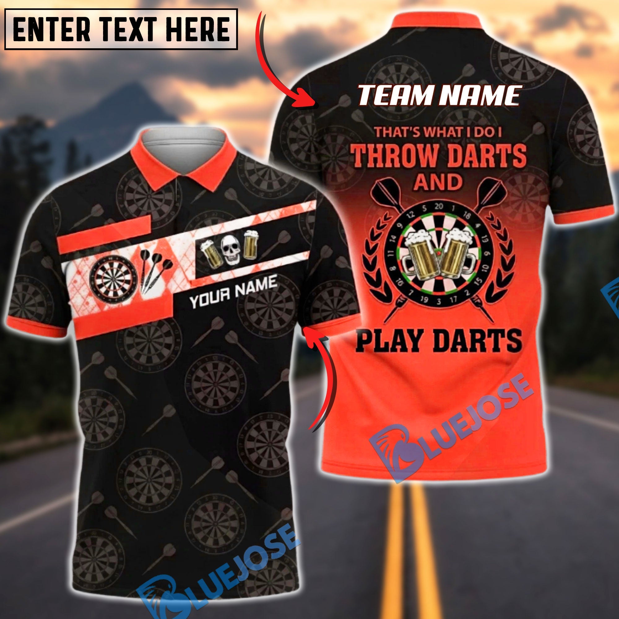 BlueJose Darts Beer Skull Black Gold Dartboard Pattern Throw Play Darts Slogan Personalized Name, Team Name Unisex Shirt (6 Colors)