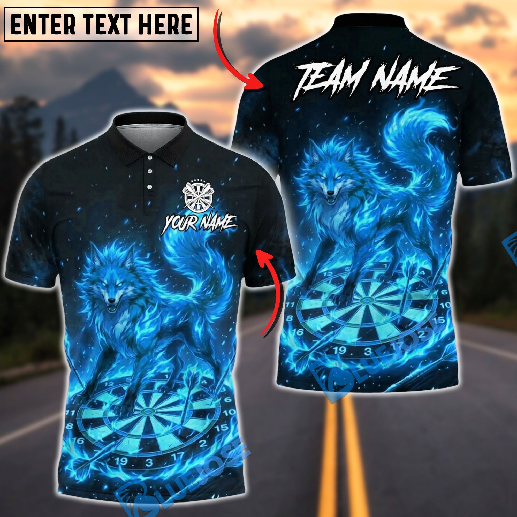 BlueJose Darts Dartboard Fire Fox Nine Tailed Mythical Creature Burning Flame Personalized Name, Team Name Unisex Shirt (4 Colors)