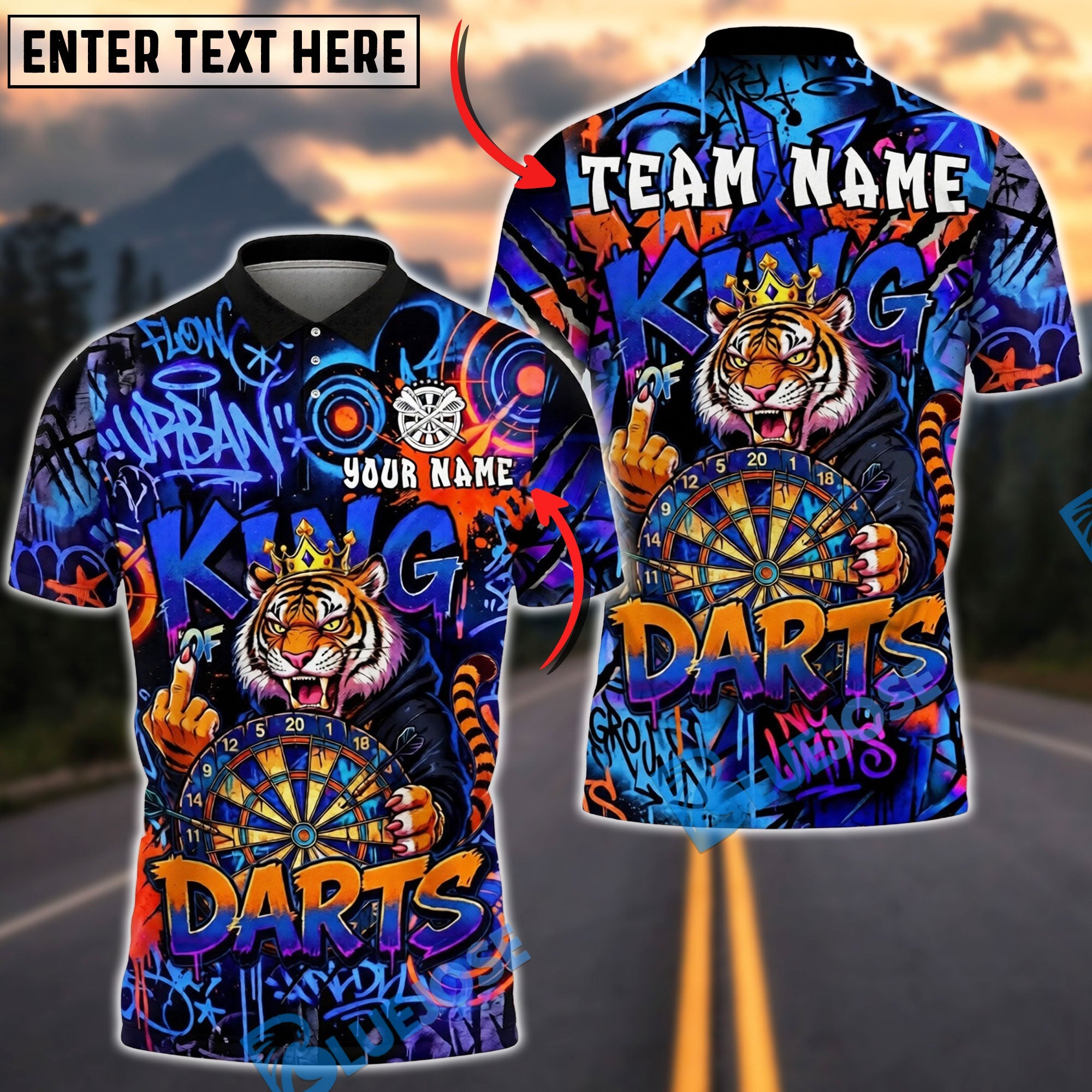 BlueJose Darts King Tiger Graffiti Urban Style Personalized Name, Team Name Unisex Shirt (4 Colors)