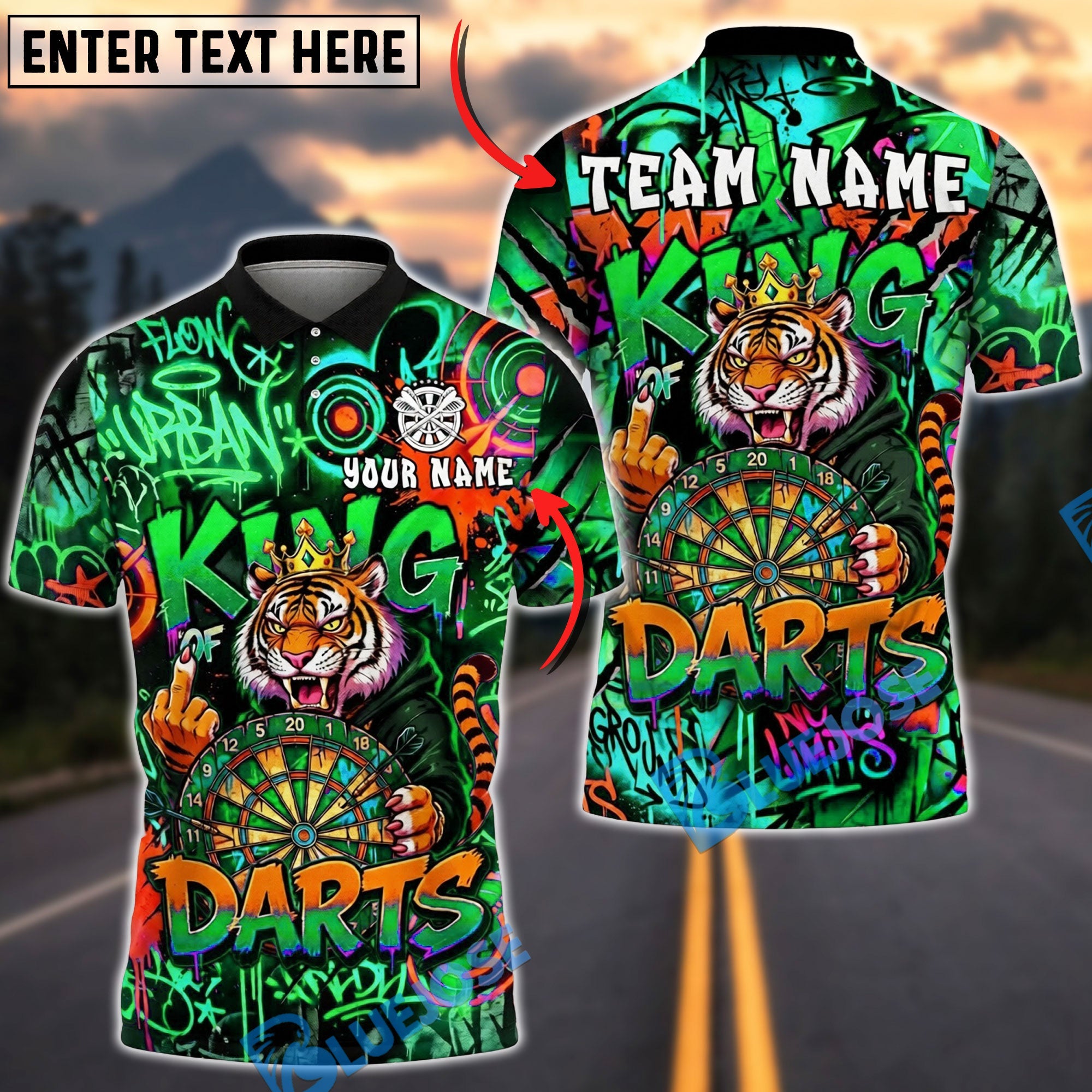 BlueJose Darts King Tiger Graffiti Urban Style Personalized Name, Team Name Unisex Shirt (4 Colors)