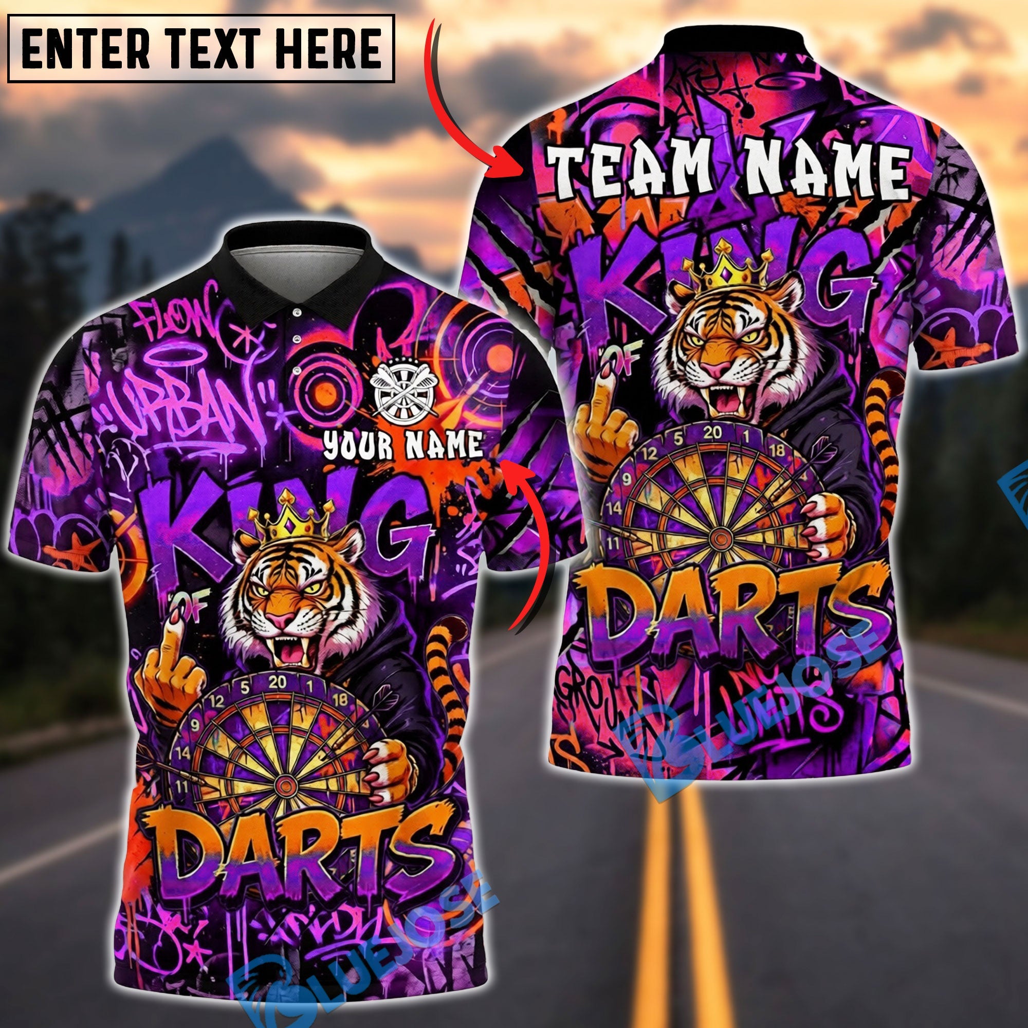 BlueJose Darts King Tiger Graffiti Urban Style Personalized Name, Team Name Unisex Shirt (4 Colors)