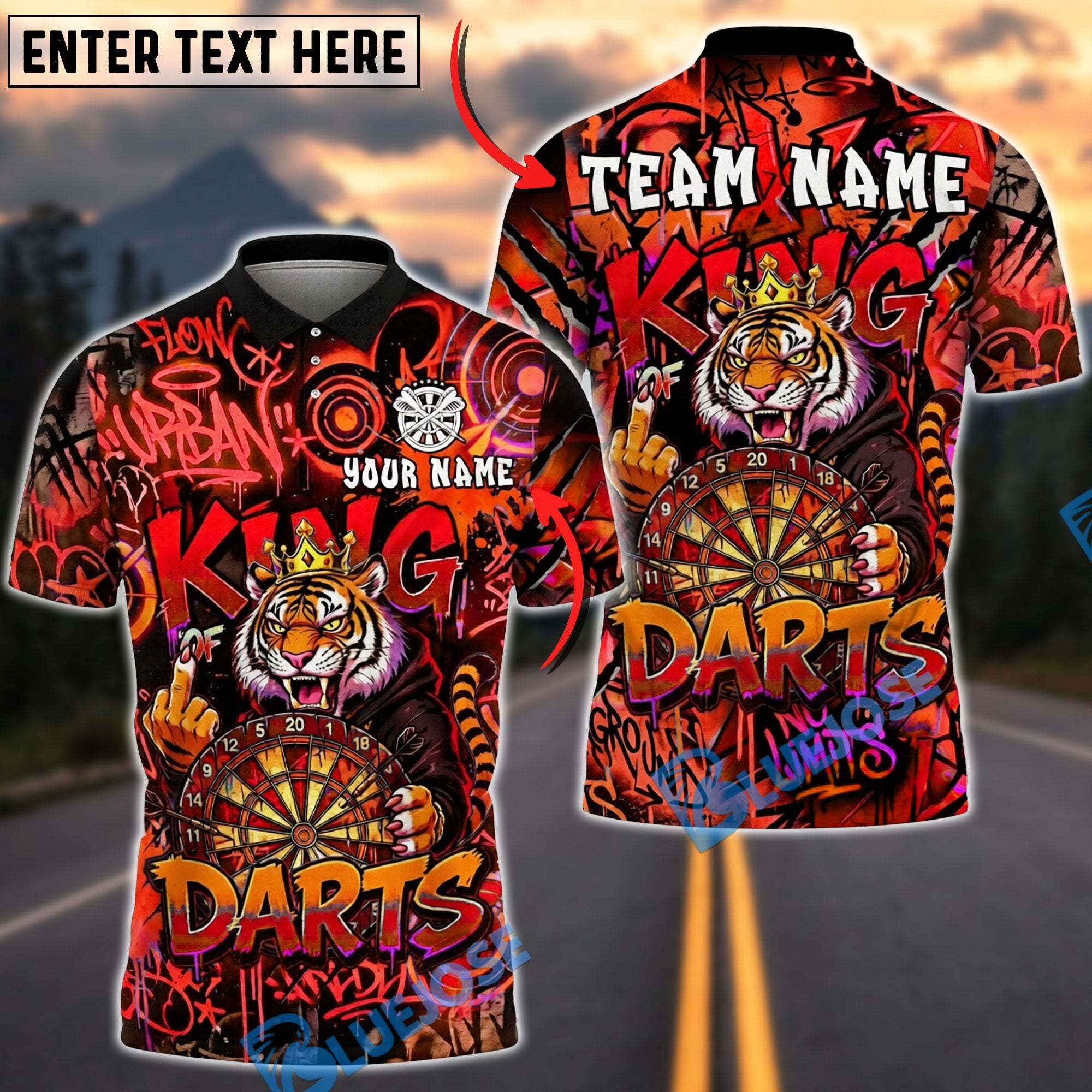 BlueJose Darts King Tiger Graffiti Urban Style Personalized Name, Team Name Unisex Shirt (4 Colors)