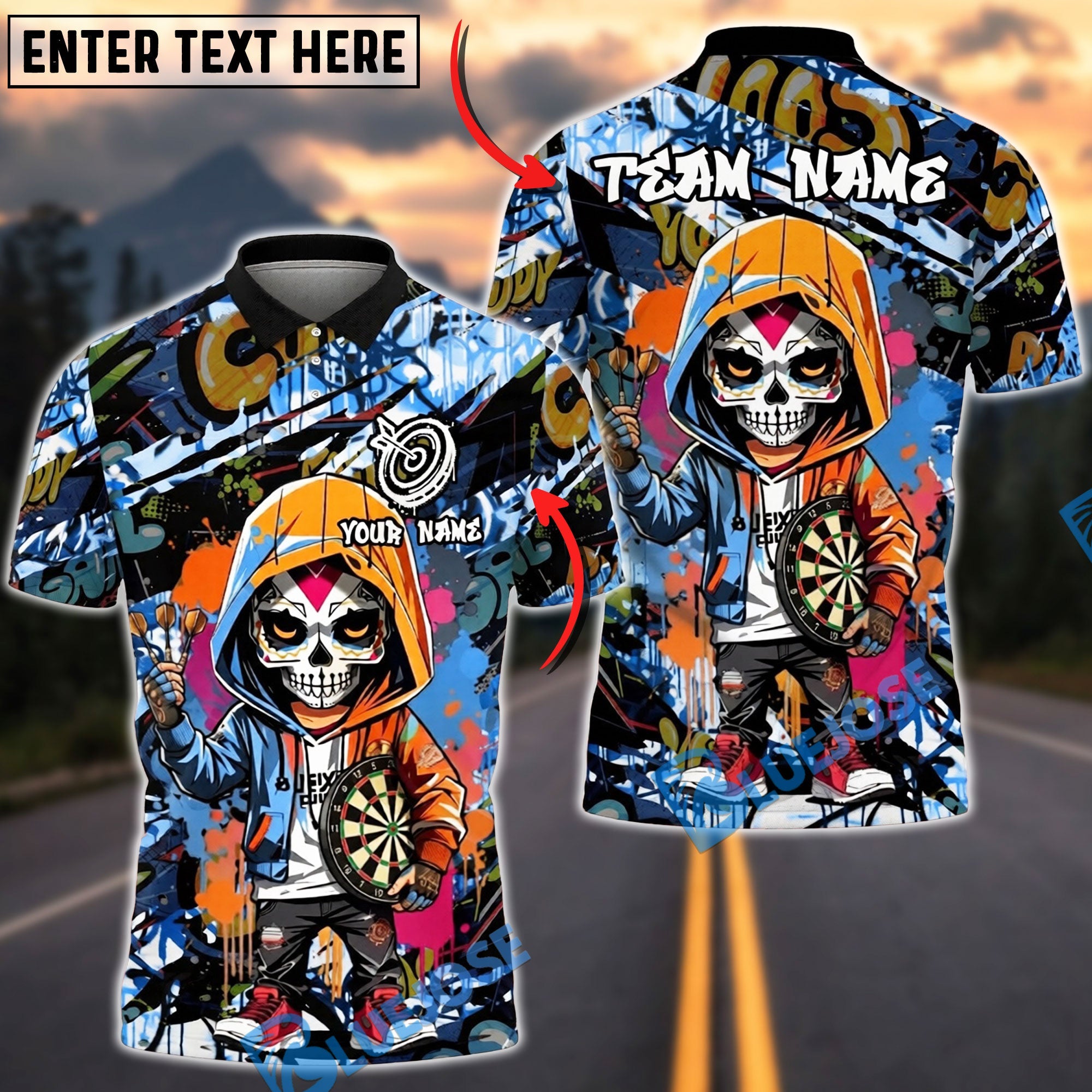 BlueJose Darts Sugar Skull Hoodie Graffiti Streetwear Personalized Name, Team Name Unisex Shirt (4 Colors)