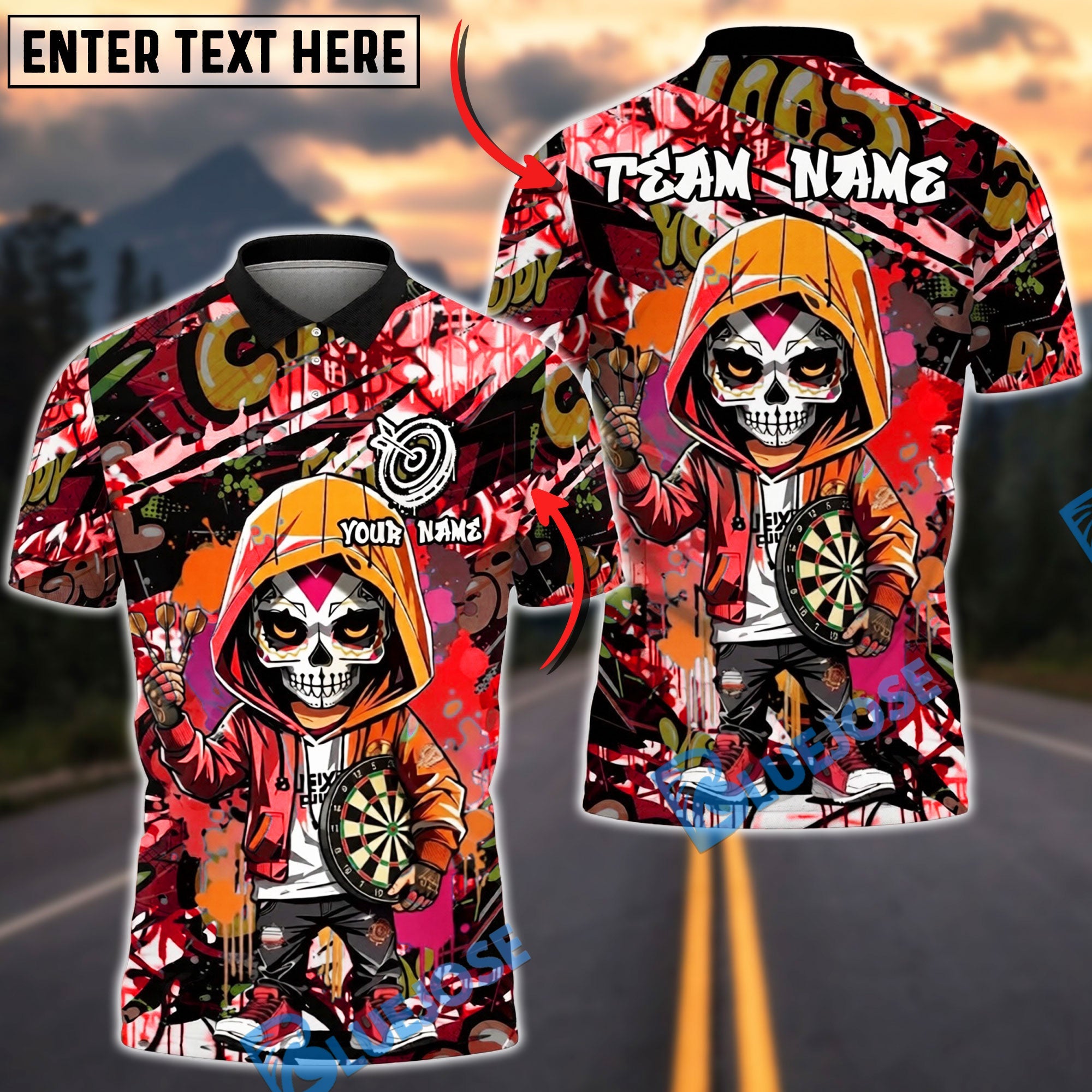 BlueJose Darts Sugar Skull Hoodie Graffiti Streetwear Personalized Name, Team Name Unisex Shirt (4 Colors)