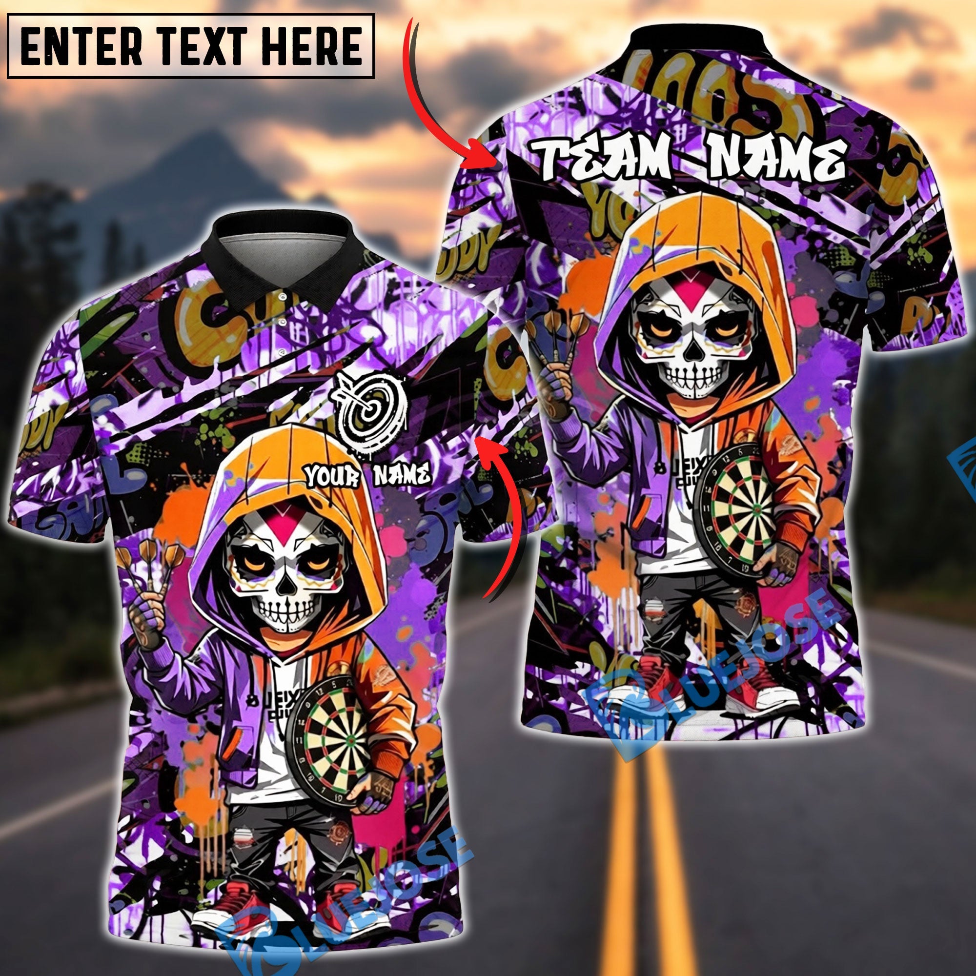 BlueJose Darts Sugar Skull Hoodie Graffiti Streetwear Personalized Name, Team Name Unisex Shirt (4 Colors)