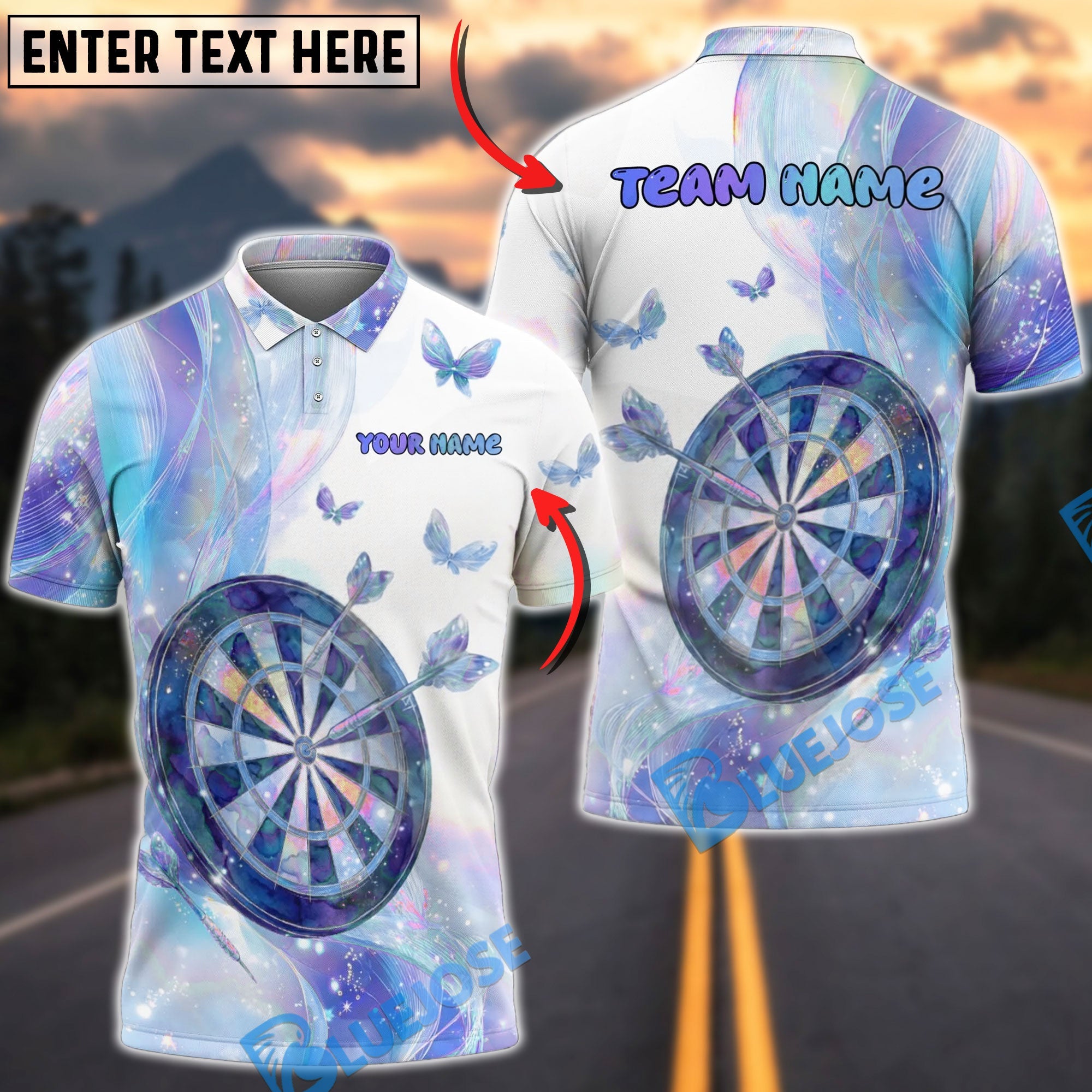 BlueJose Darts Pastel Butterfly Dream Personalized Name, Team Name Unisex Shirt (4 Colors)