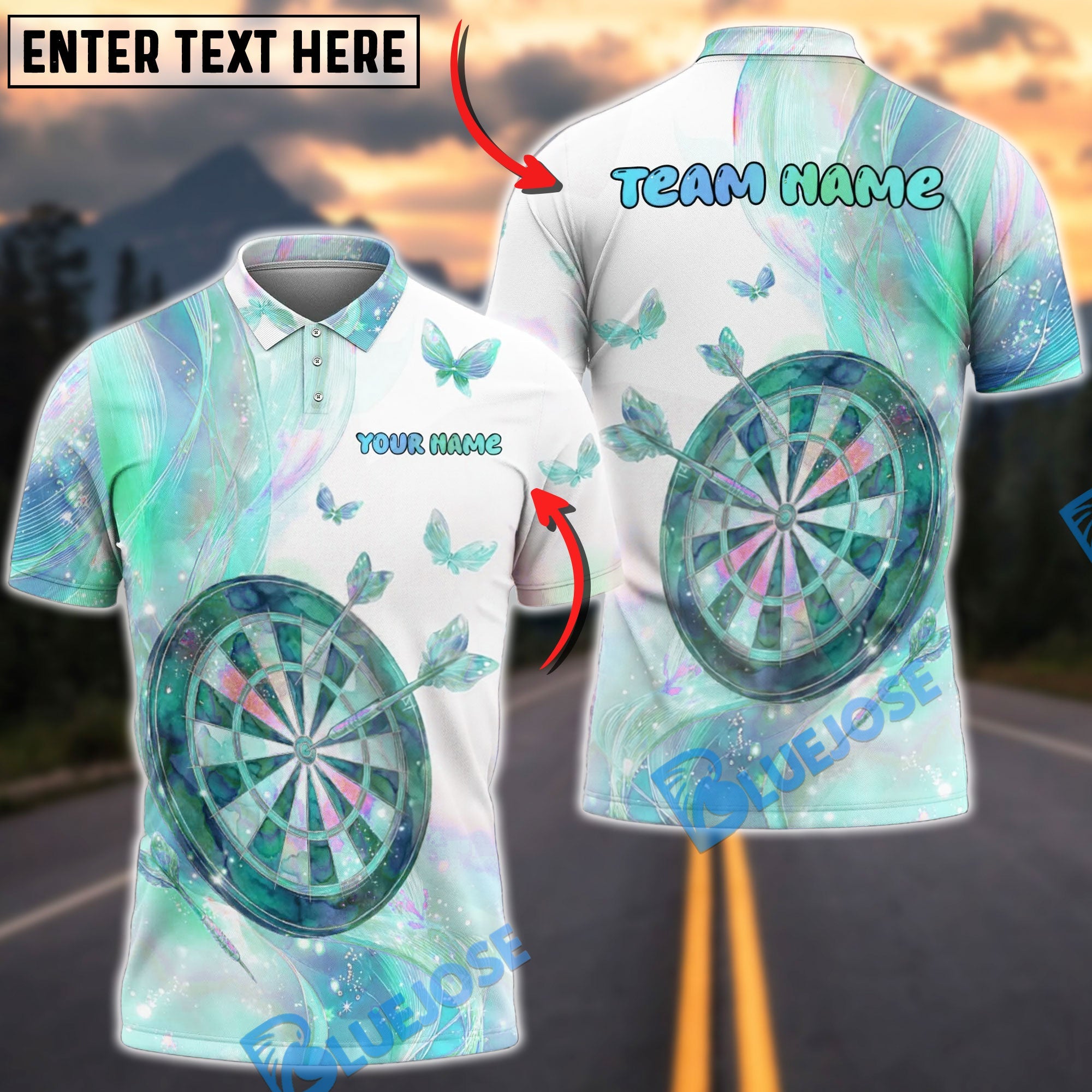 BlueJose Darts Pastel Butterfly Dream Personalized Name, Team Name Unisex Shirt (4 Colors)
