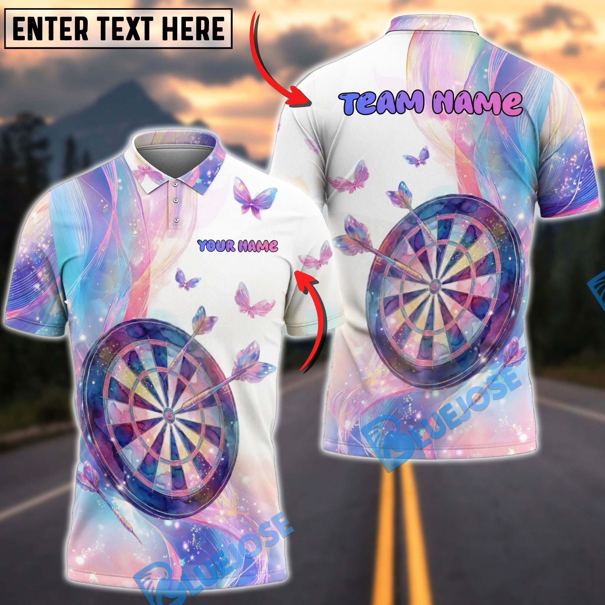 BlueJose Darts Pastel Butterfly Dream Personalized Name, Team Name Unisex Shirt (4 Colors)