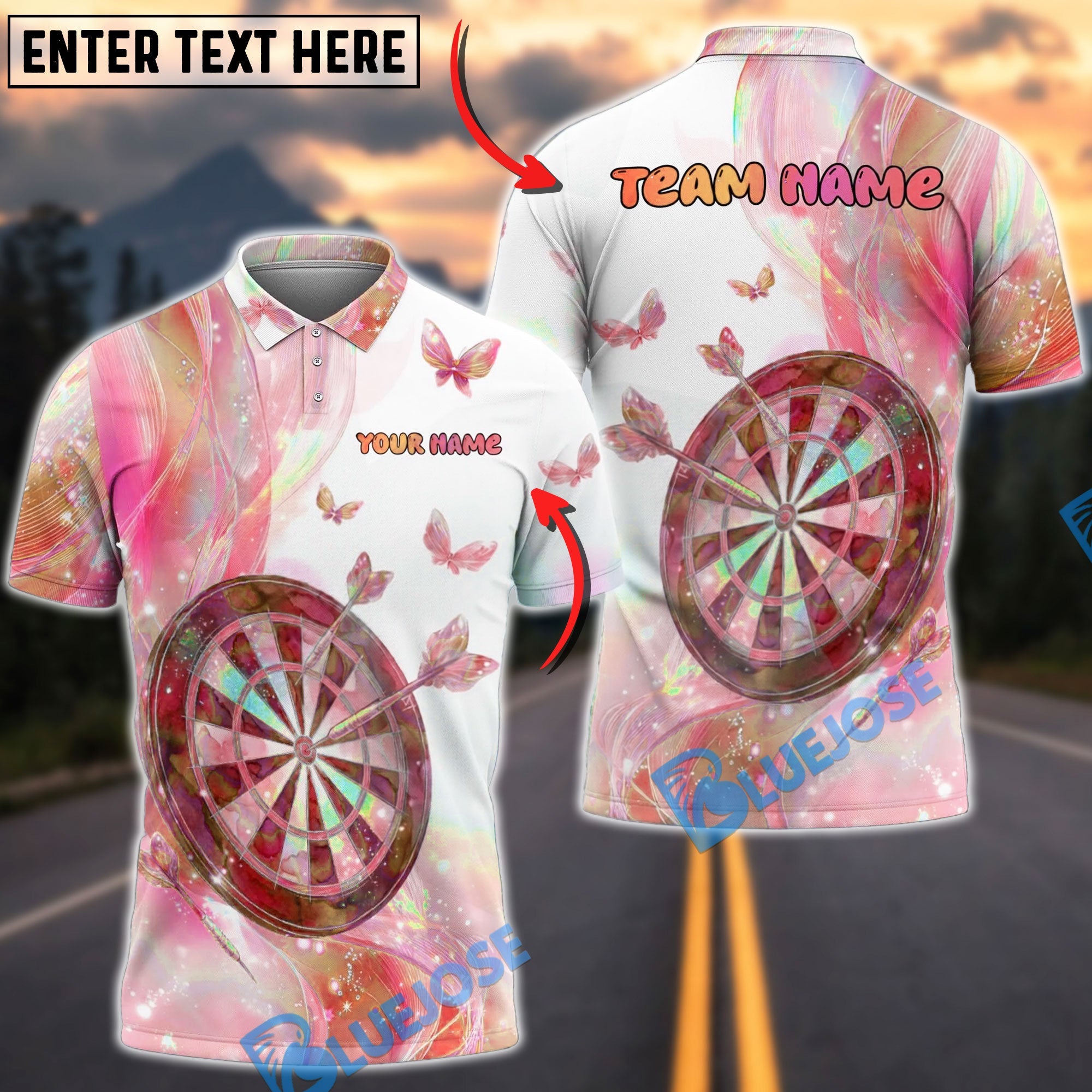 BlueJose Darts Pastel Butterfly Dream Personalized Name, Team Name Unisex Shirt (4 Colors)