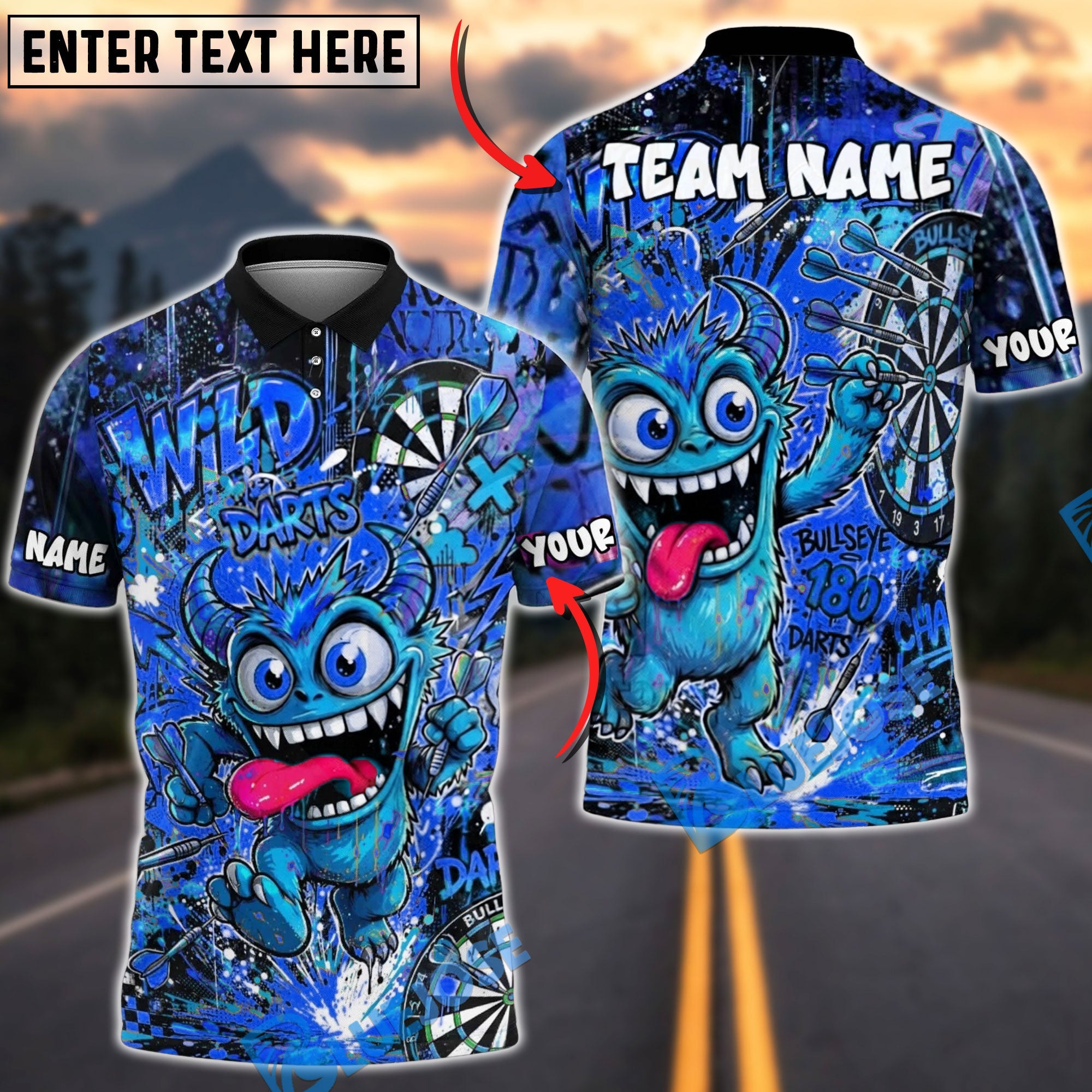 BlueJose Darts Crazy Monster Graffiti Personalized Name, Team Name Unisex Shirt (4 Colors)