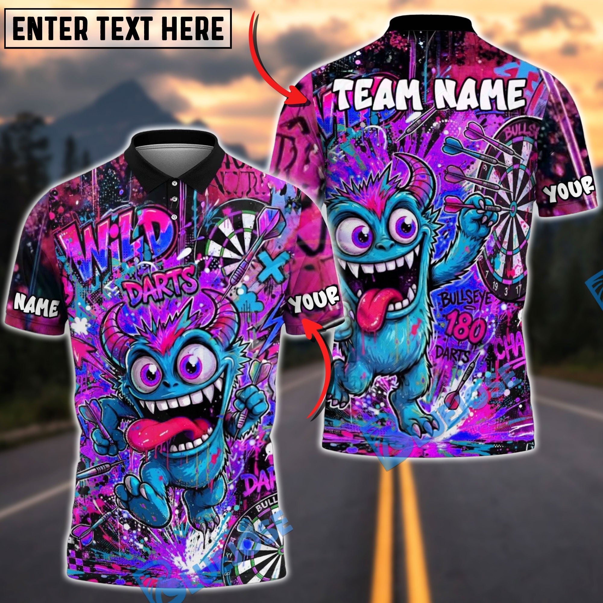 BlueJose Darts Crazy Monster Graffiti Personalized Name, Team Name Unisex Shirt (4 Colors)