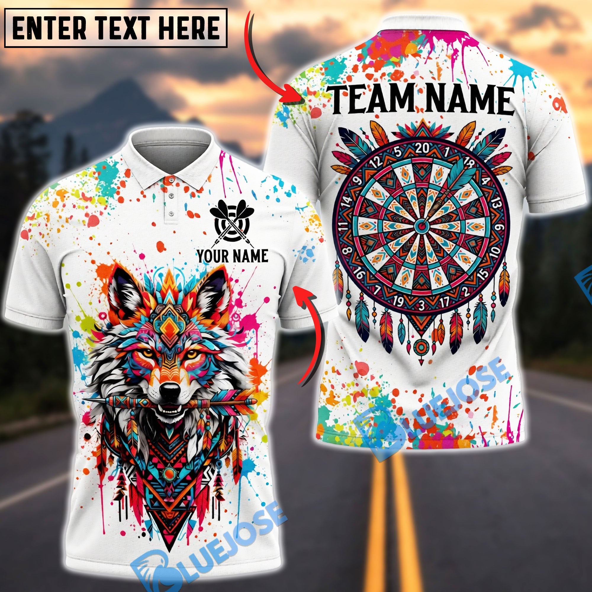 BlueJose Darts Tribal Wolf Spirit White Paint Splash Personalized Name Shirt