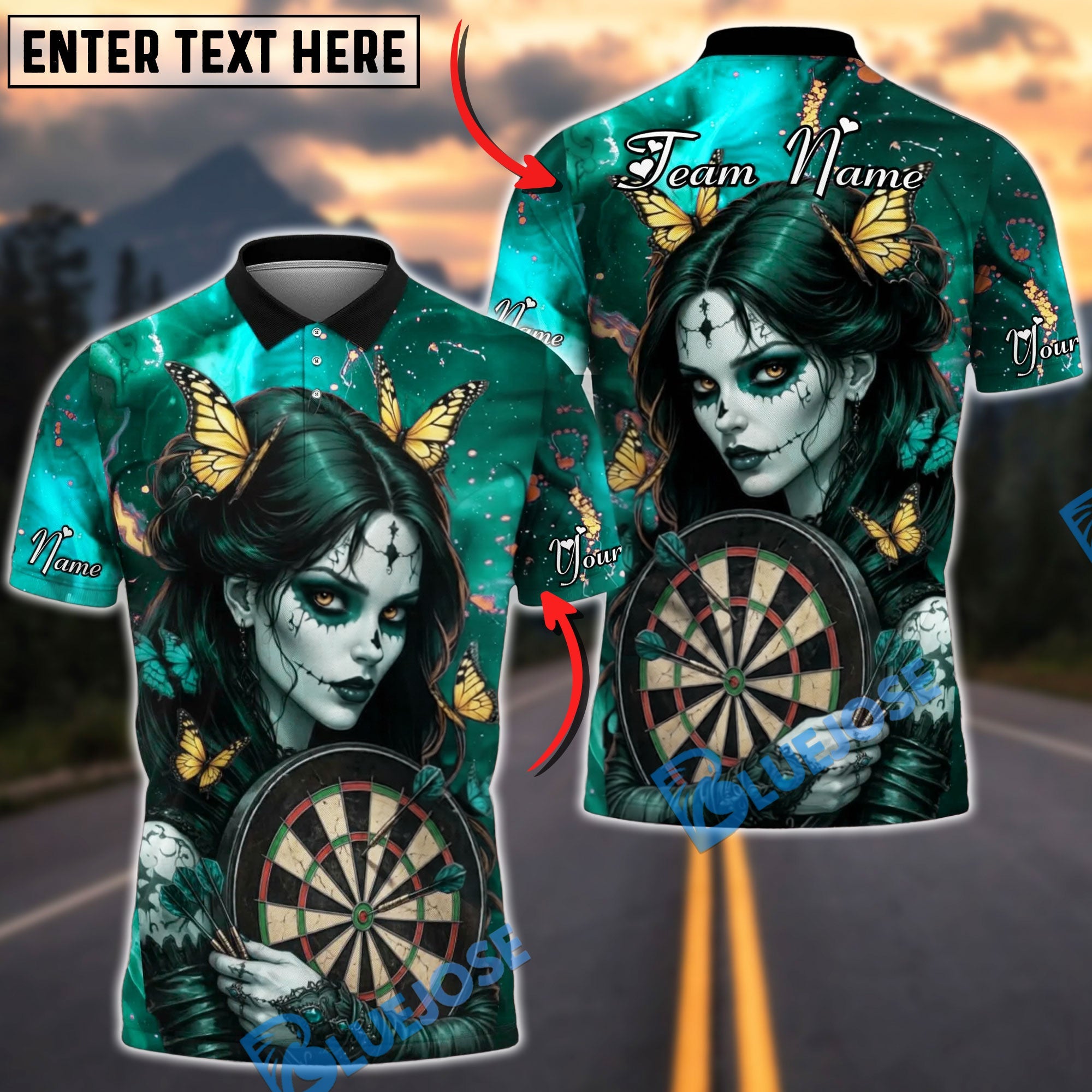 BlueJose Darts Gothic Butterfly Girl Personalized Name, Team Name Unisex Shirt (4 Colors)