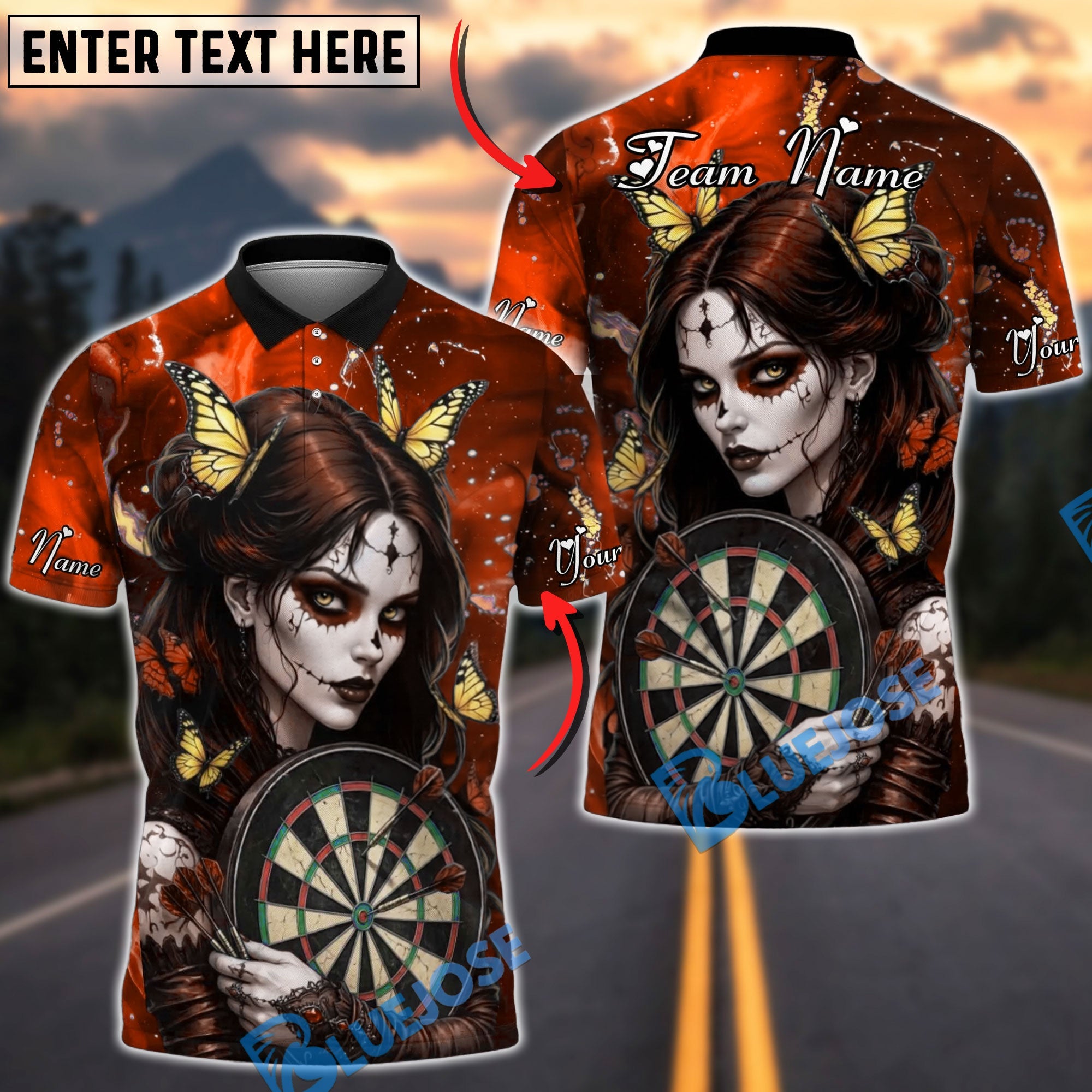 BlueJose Darts Gothic Butterfly Girl Personalized Name, Team Name Unisex Shirt (4 Colors)