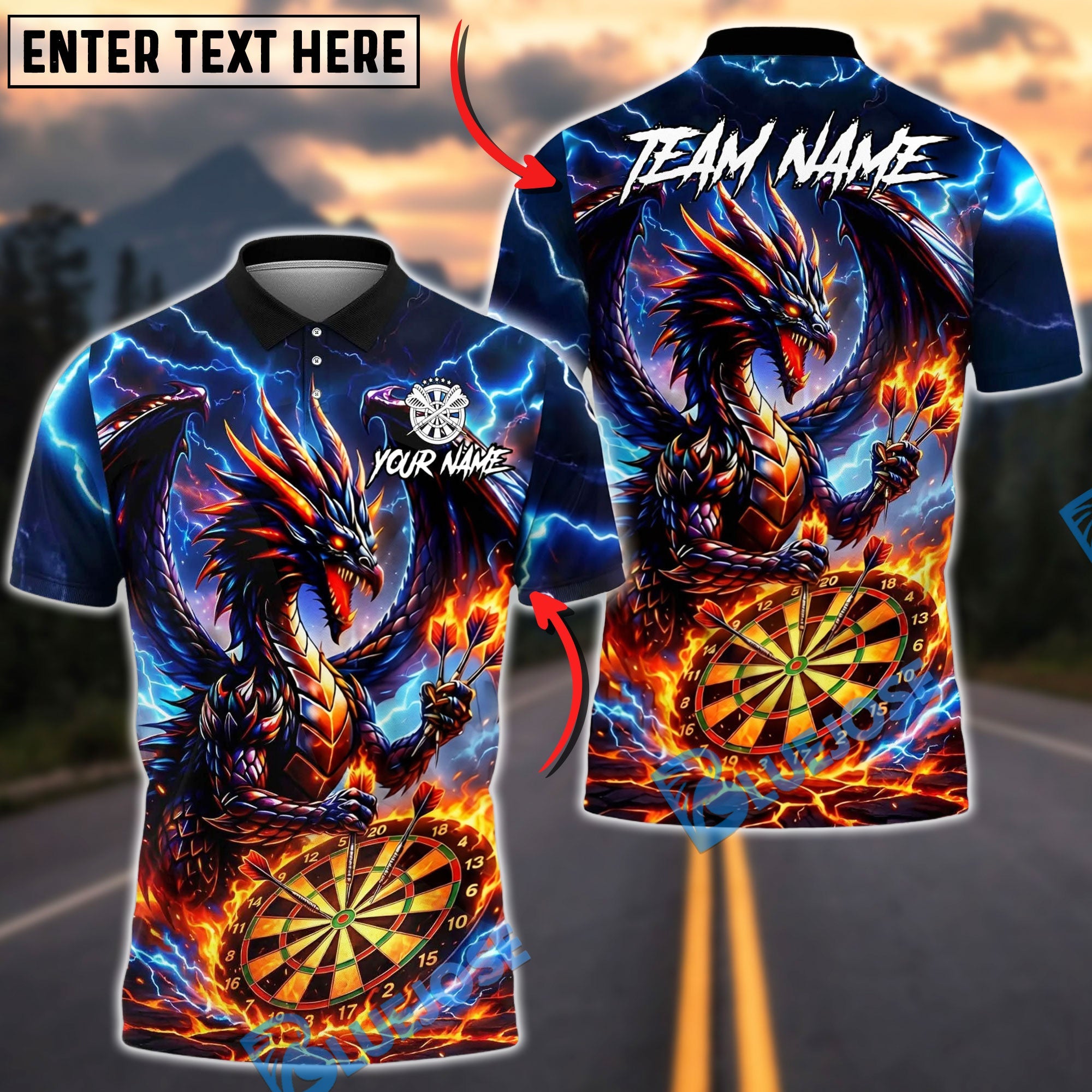 BlueJose Darts Storm Dragon Lightning Fury Personalized Name, Team Name Unisex Shirt (4 Colors)